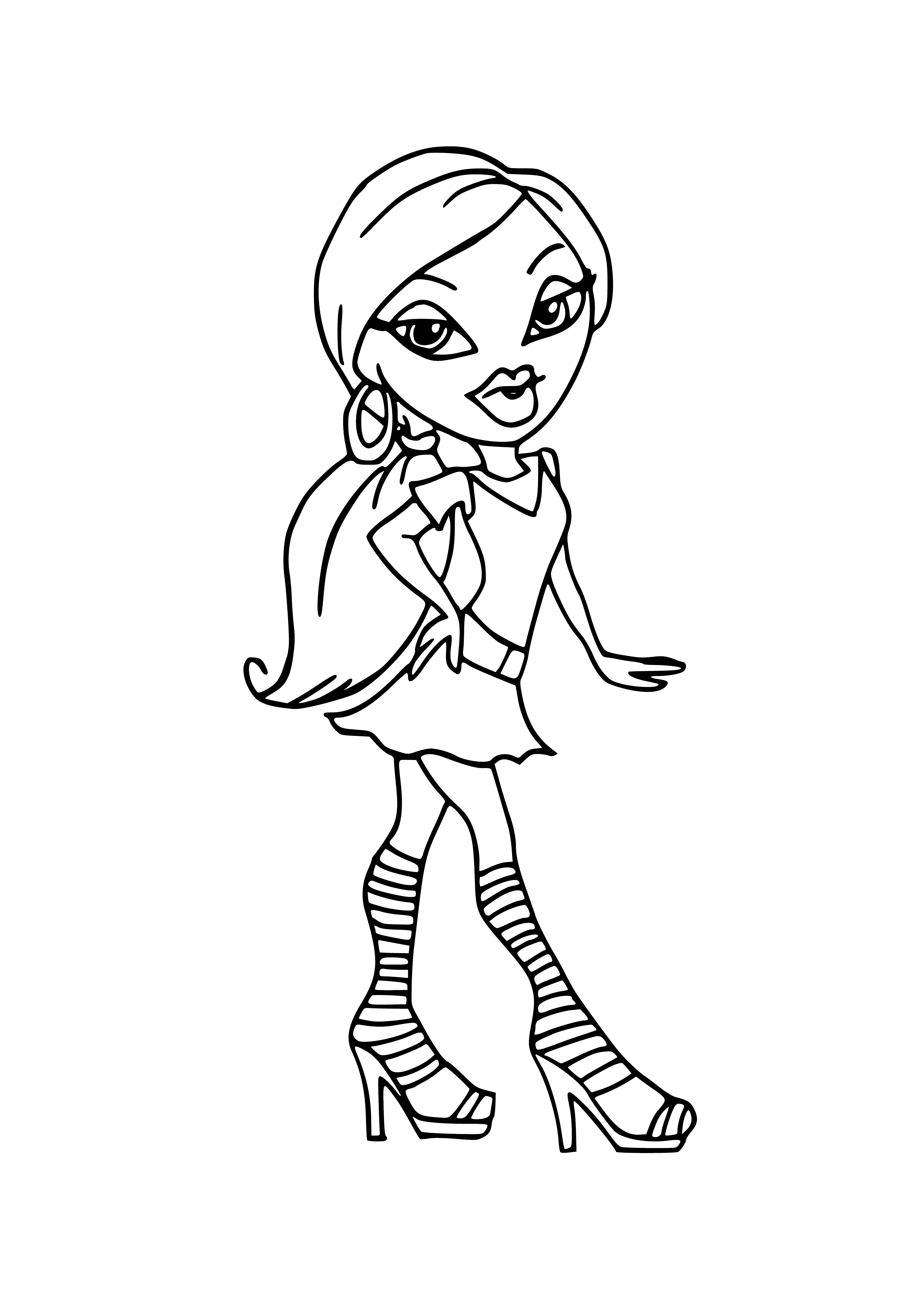 coloring page: Four fashionable teen dolls with big heads, almond-shaped eyes, and different hair thrive in the world of style with trendy clothes and high heels.