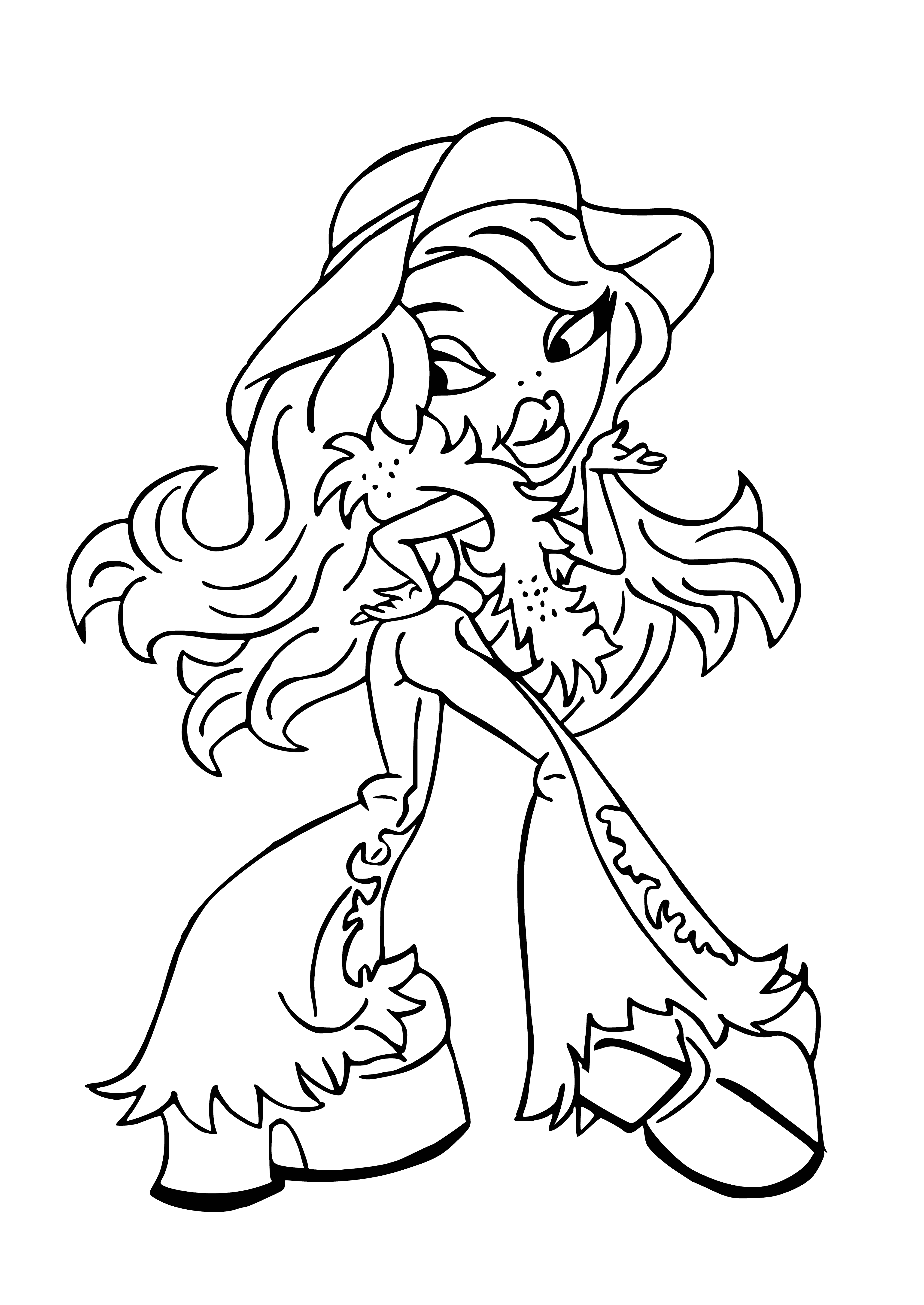 coloring page: Two large dolls in makeup & jewelry standing in front of a school locker, one with a pink & black skirt, the other with a purple & black skirt.