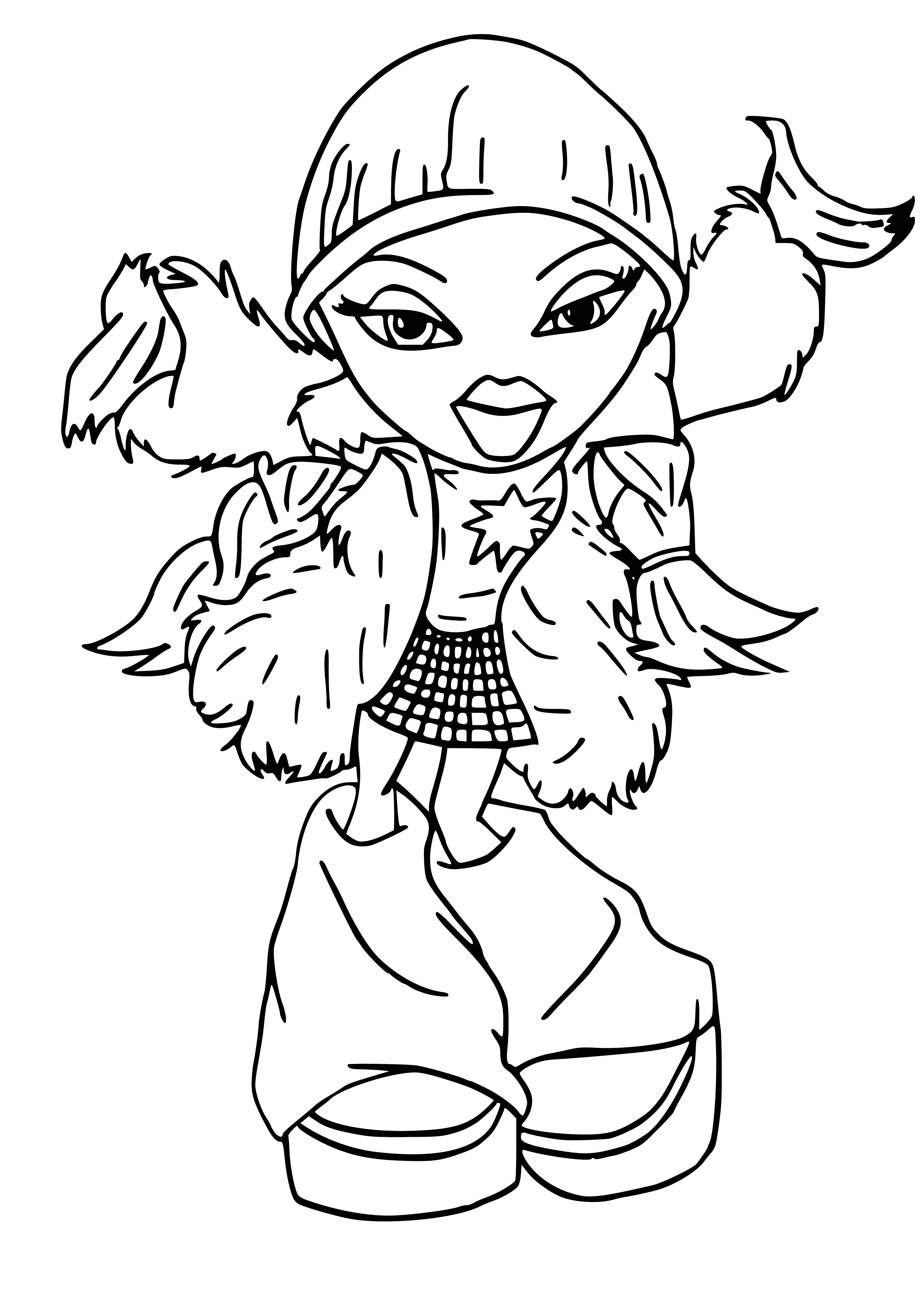 coloring page: Four dolls with different hair colors & outfits. Two hold instruments, one with a mic.