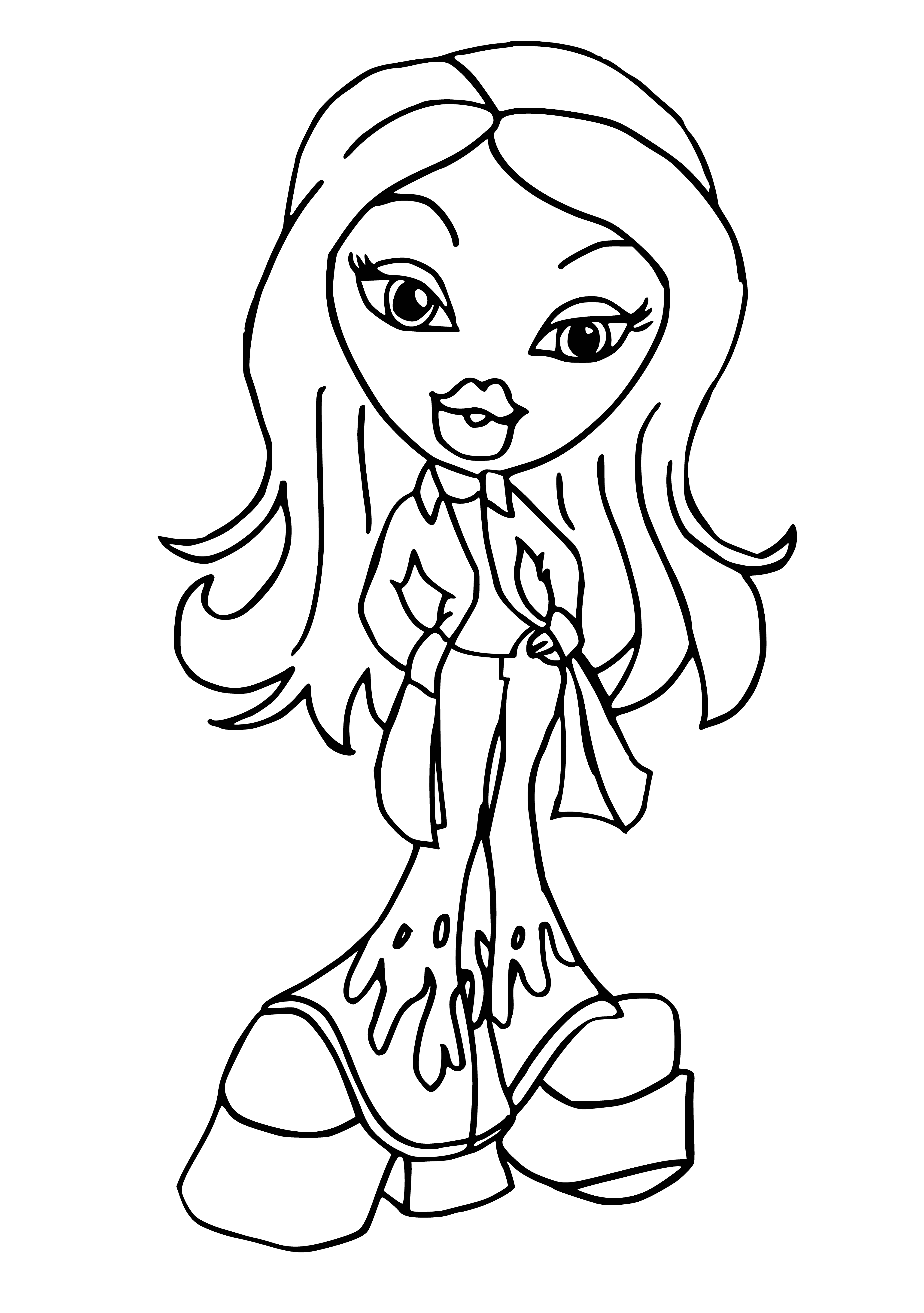 coloring page: Four Bratz dolls stand facing camera, holding hands. All have long hair, with three wearing makeup & two wearing earrings. Clothes in different colors.