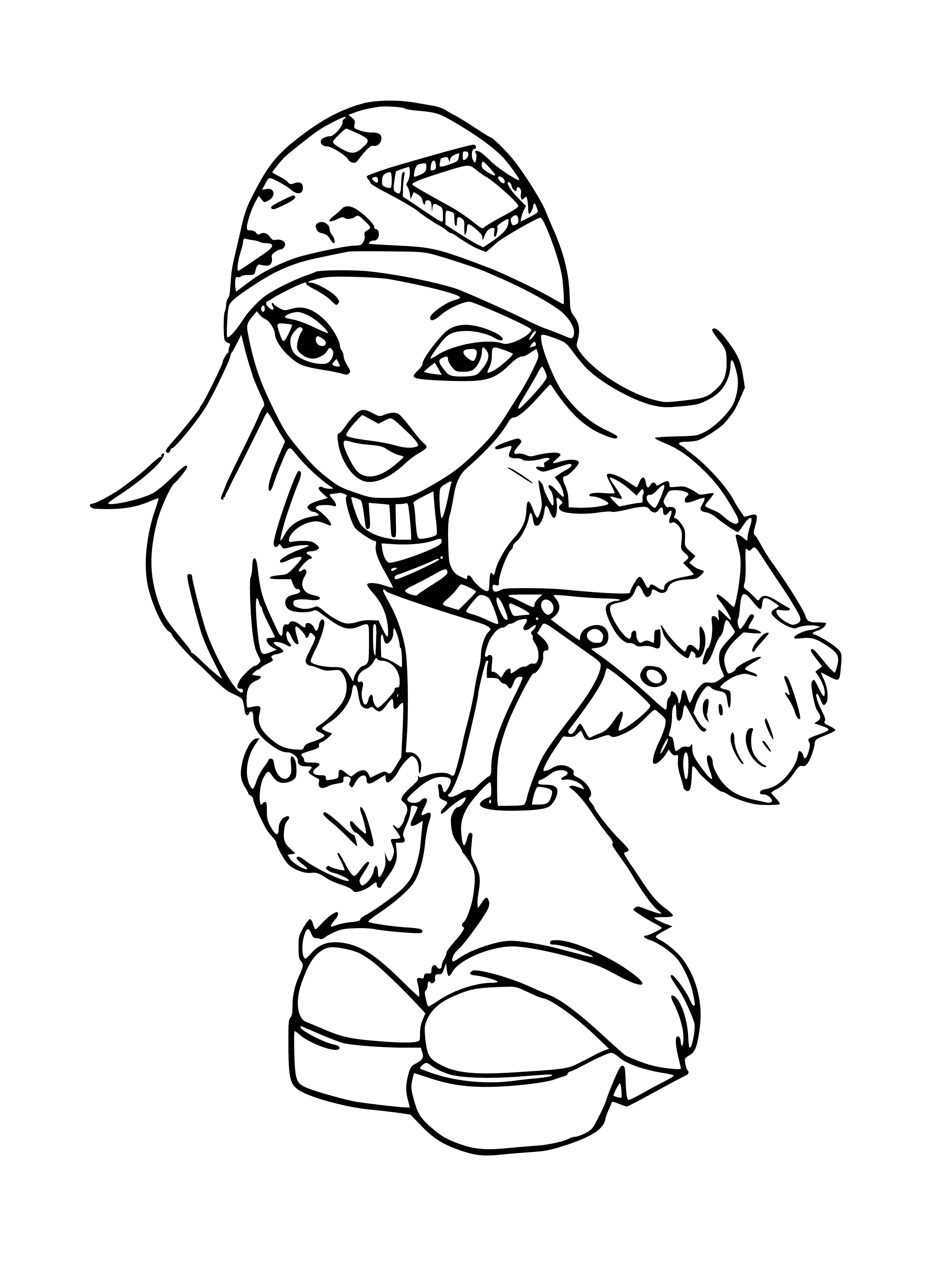 coloring page: The Bratz are all wrapped up in warm winter gear, walking in the gentle snowfall.
