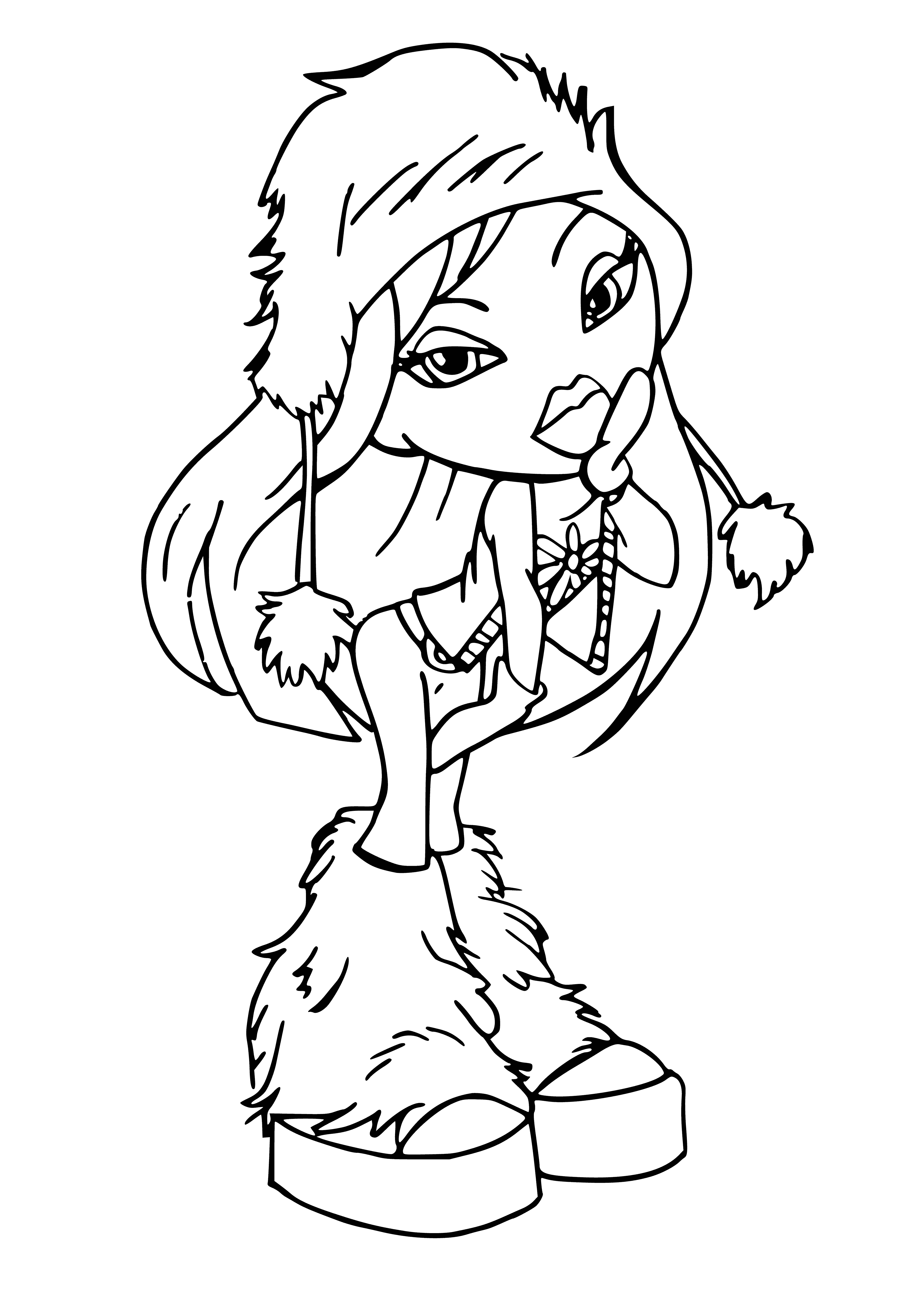 coloring page: The Bratz Bunny: Long brown hair, polka dot bow, white top & skirt, polka dot leggings+jacket, brown boots.