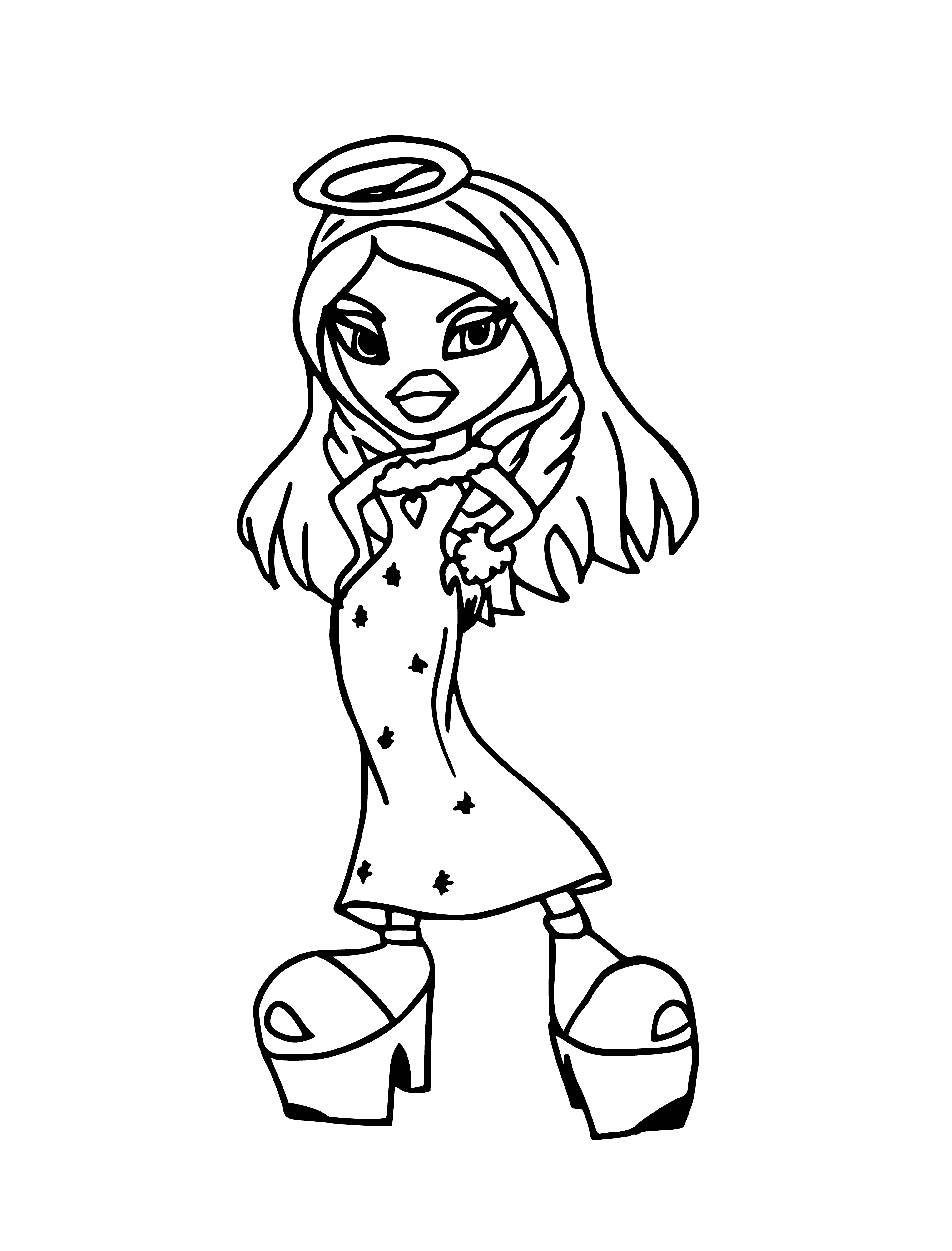 coloring page: Light brown skinned girl w/ long brown/pink/purple hair in high ponytail. Wearing purple/pink tank, ripped jeans & sneakers.