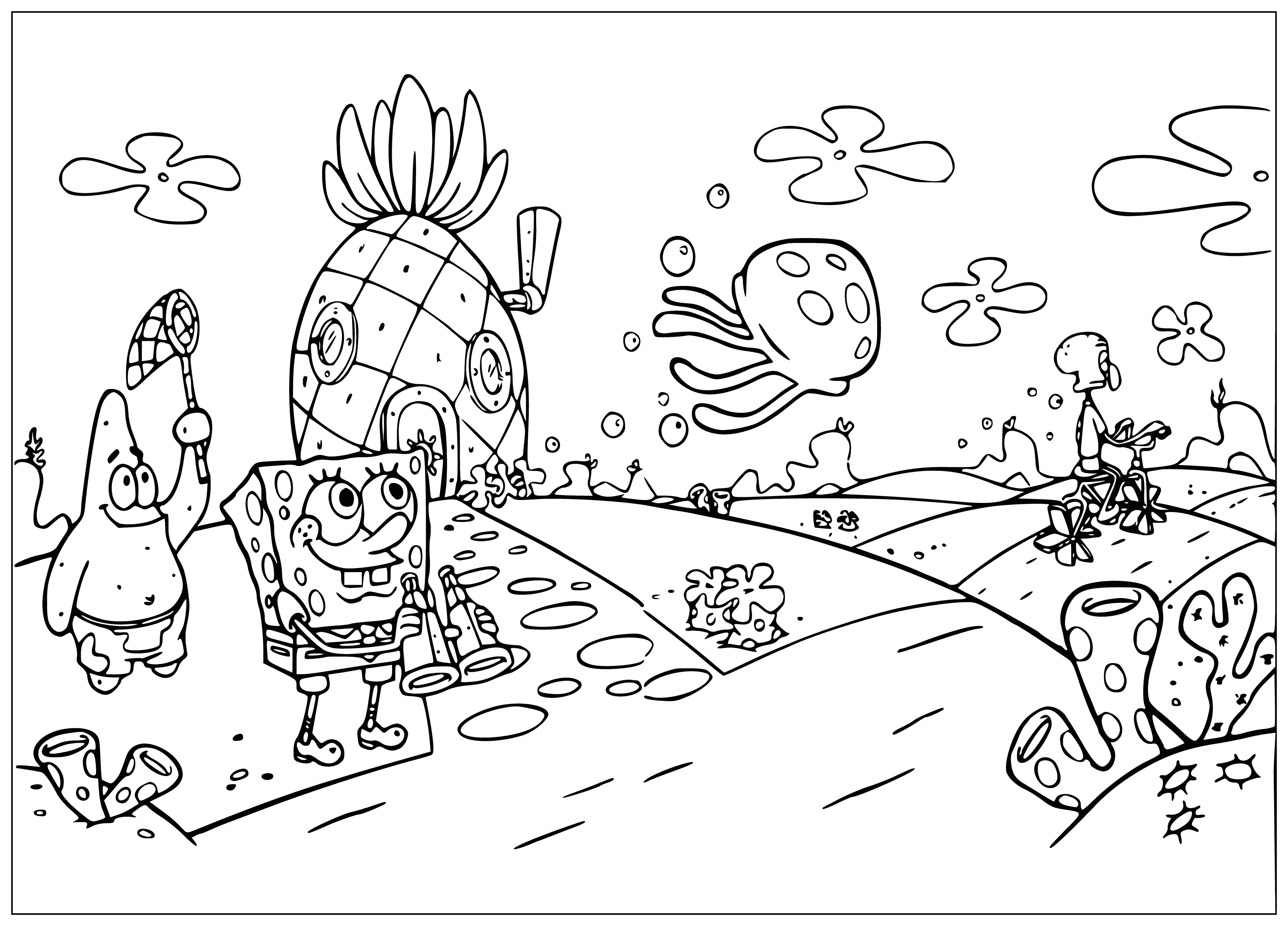 coloring page: SpongeBob is having a great time enjoying a beach day in a tropical setting with a surfboard, Hawaiian shirt and shorts. #spongebob