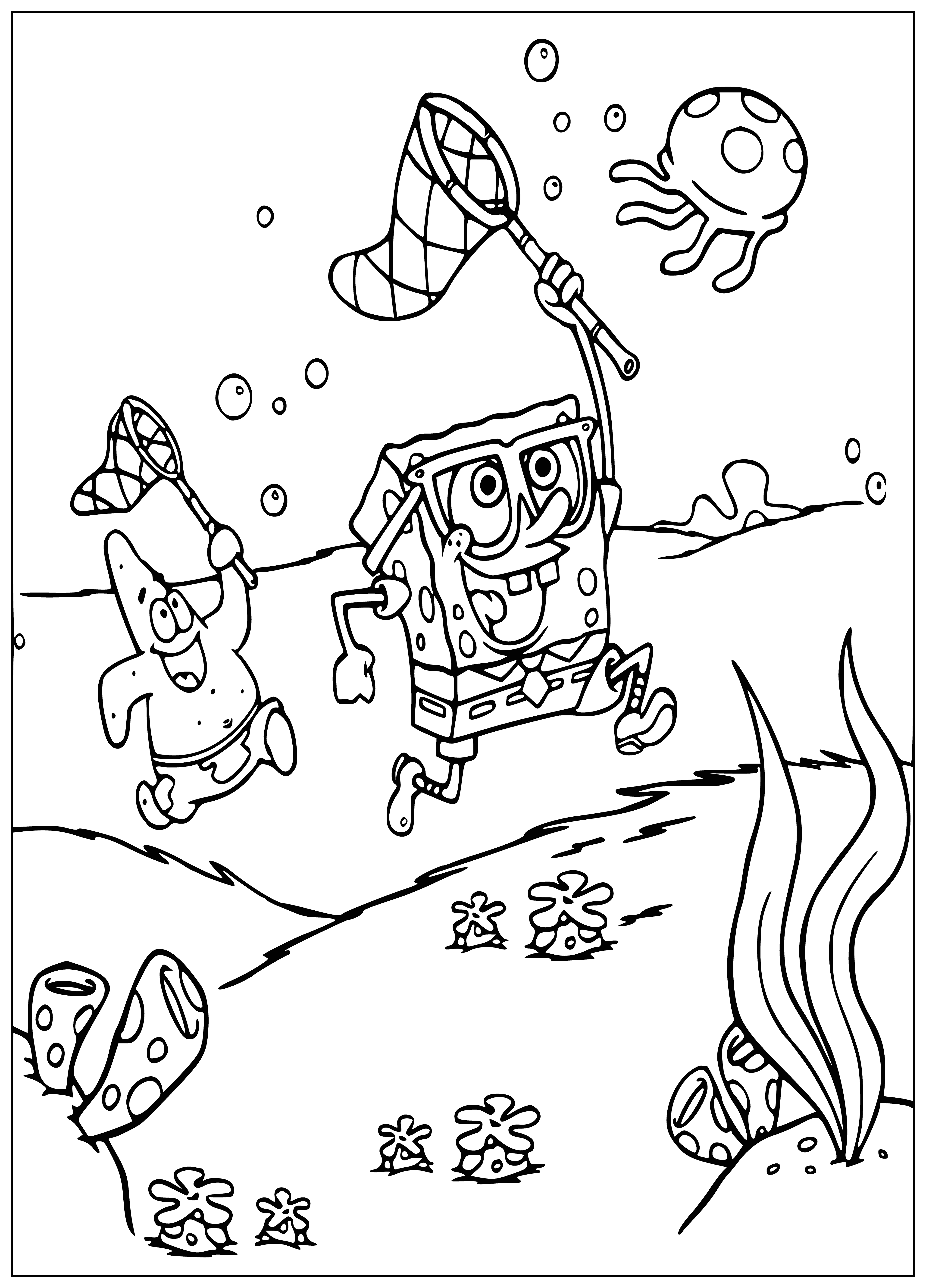 Friends catch jellyfish coloring page