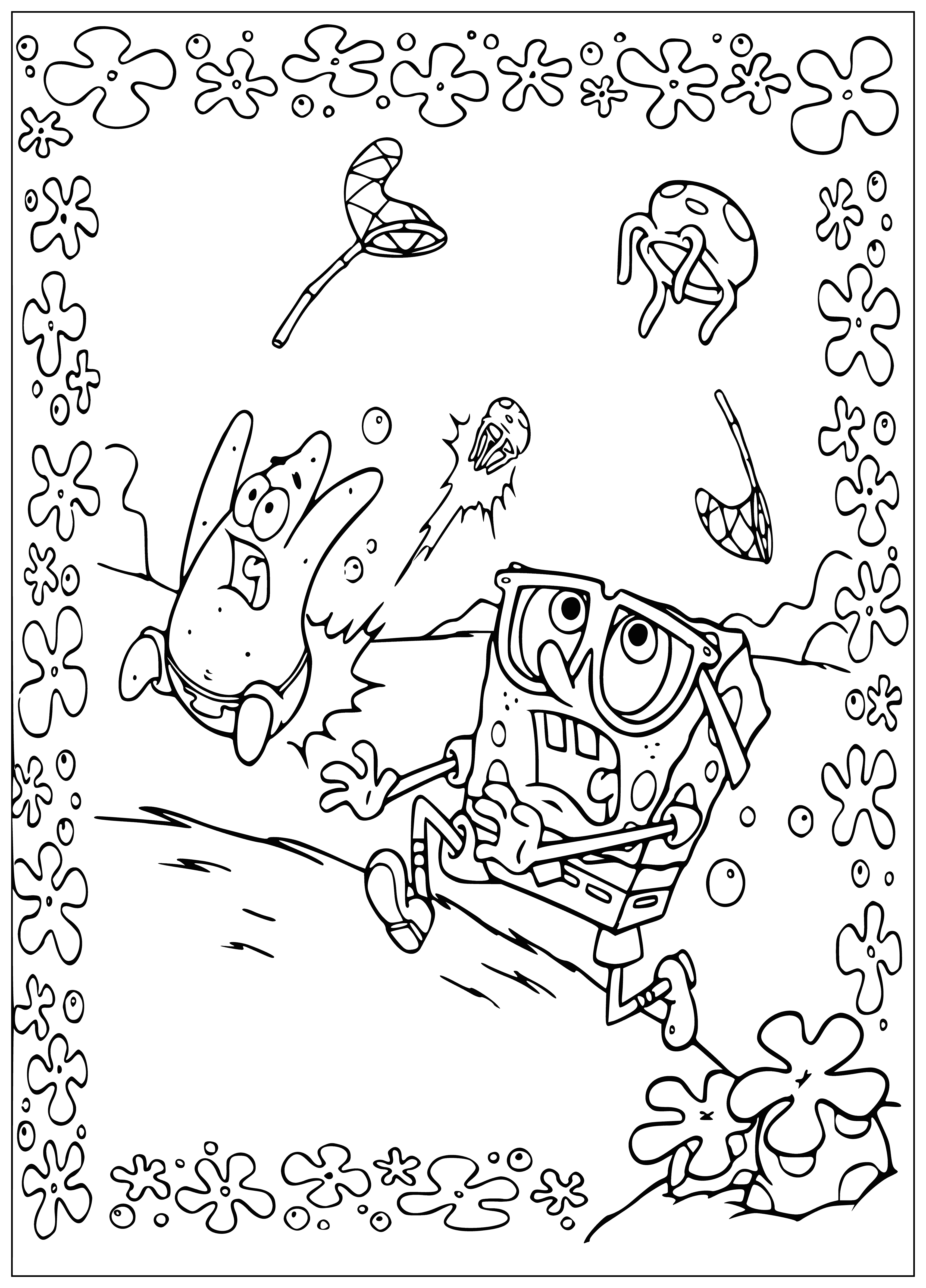 coloring page: SpongeBob frantically runs away from jellyfish in this Jellyfish Attack coloring page.