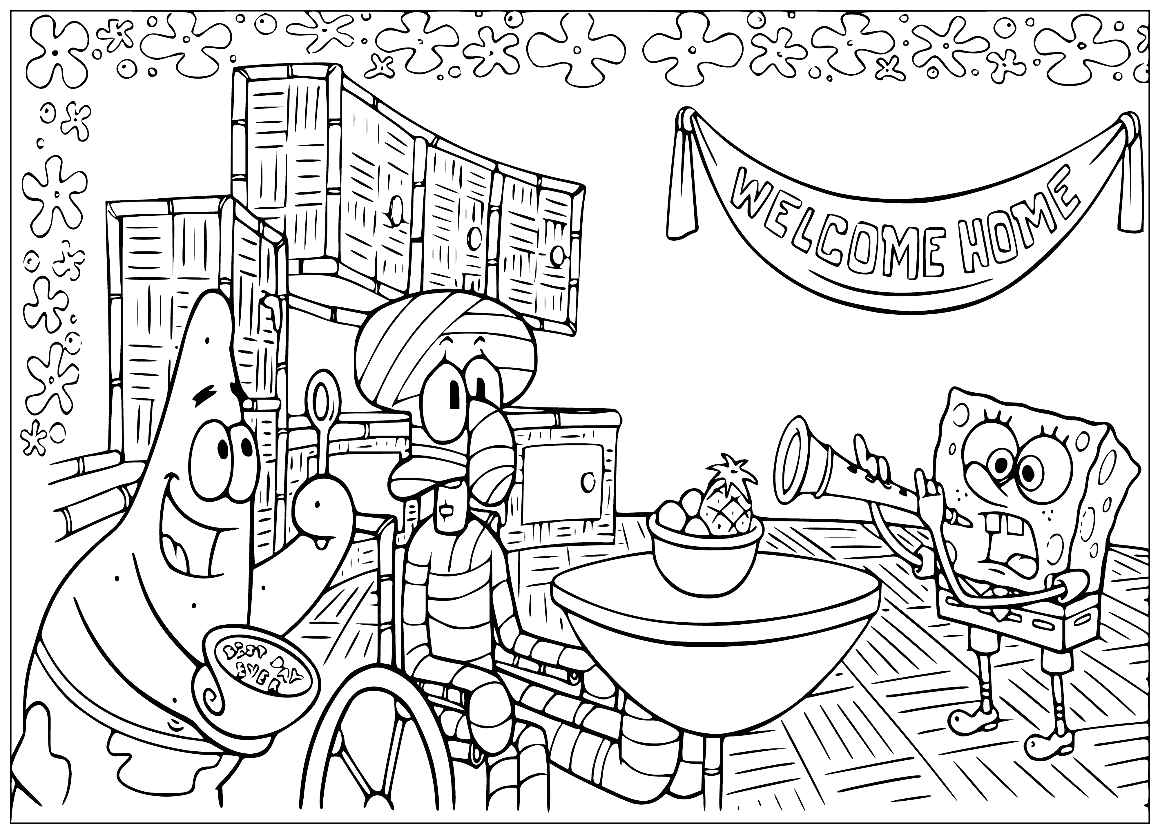 coloring page: SpongeBob hosts a party: all his friends are laughing, having a great time - it's the life of the party!