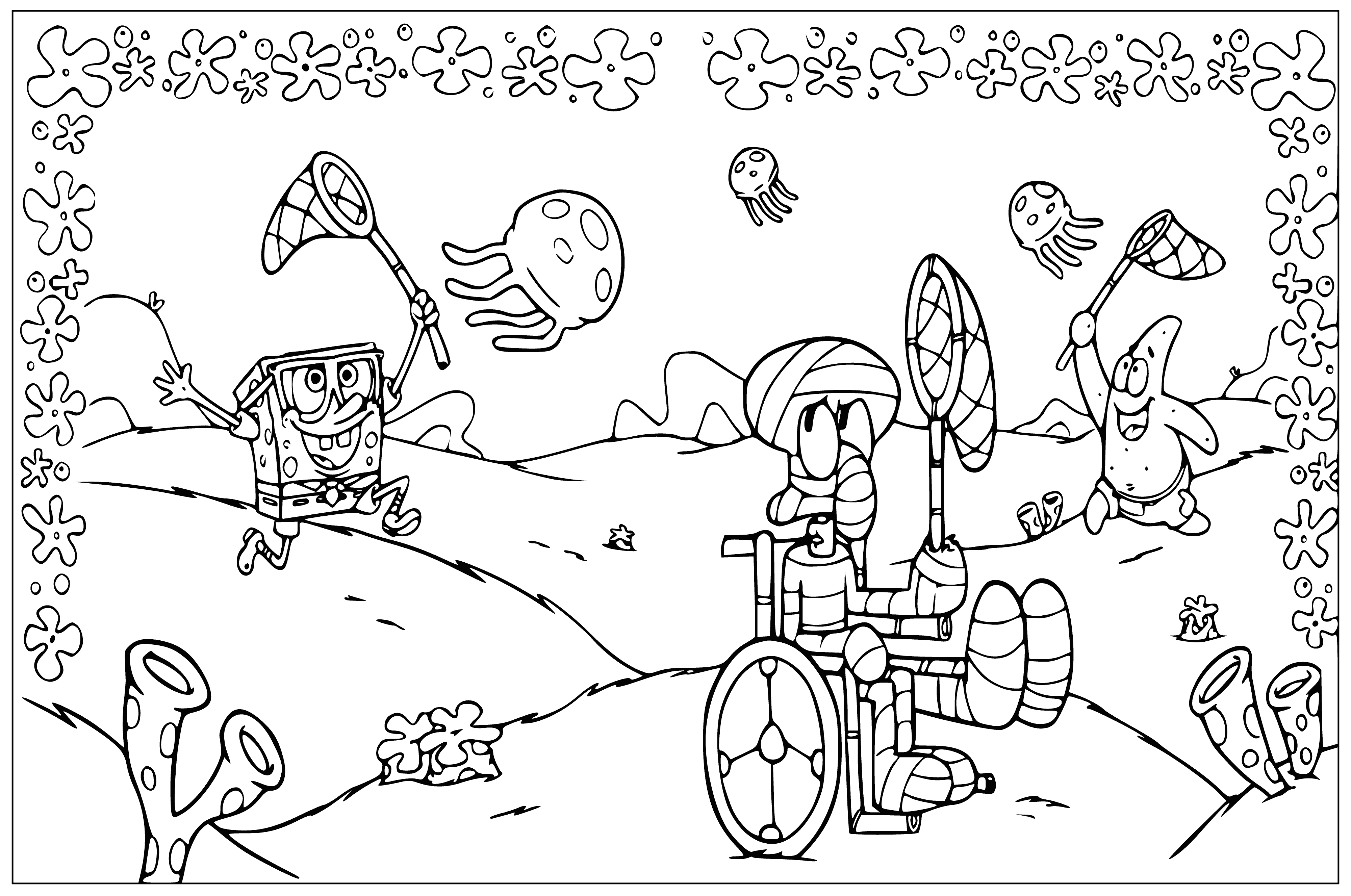 coloring page: Spongebob & Patrick net jellies. Squidward stands near sand castle. Trail of jellies to Sandy reading in jellyfish chair.