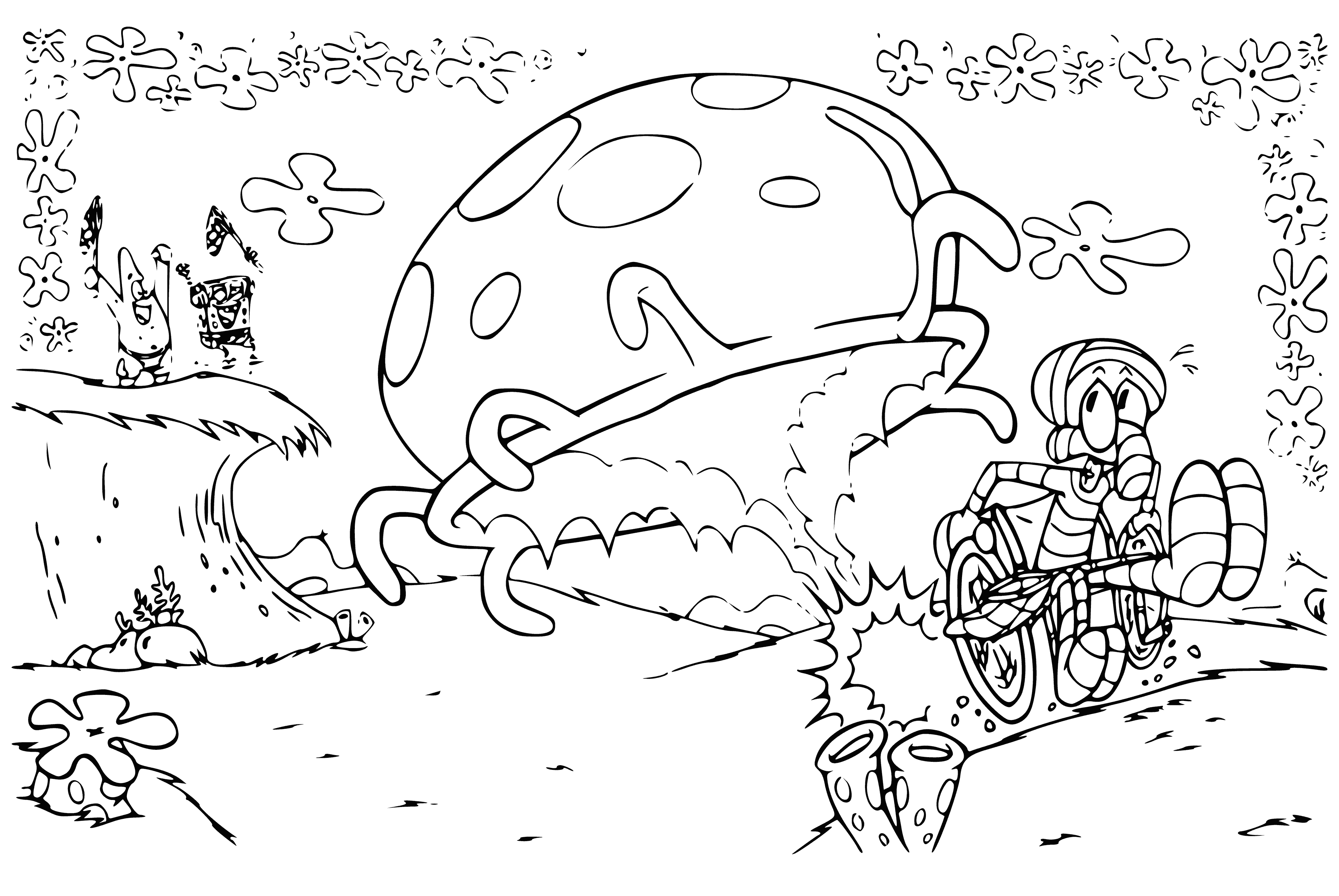 coloring page: Cartoon SpongeBob stands next to giant purple jellyfish with yellow spots & 8 tentacles. He's wearing a red tie & shorts with white shirt & big blue eyes.