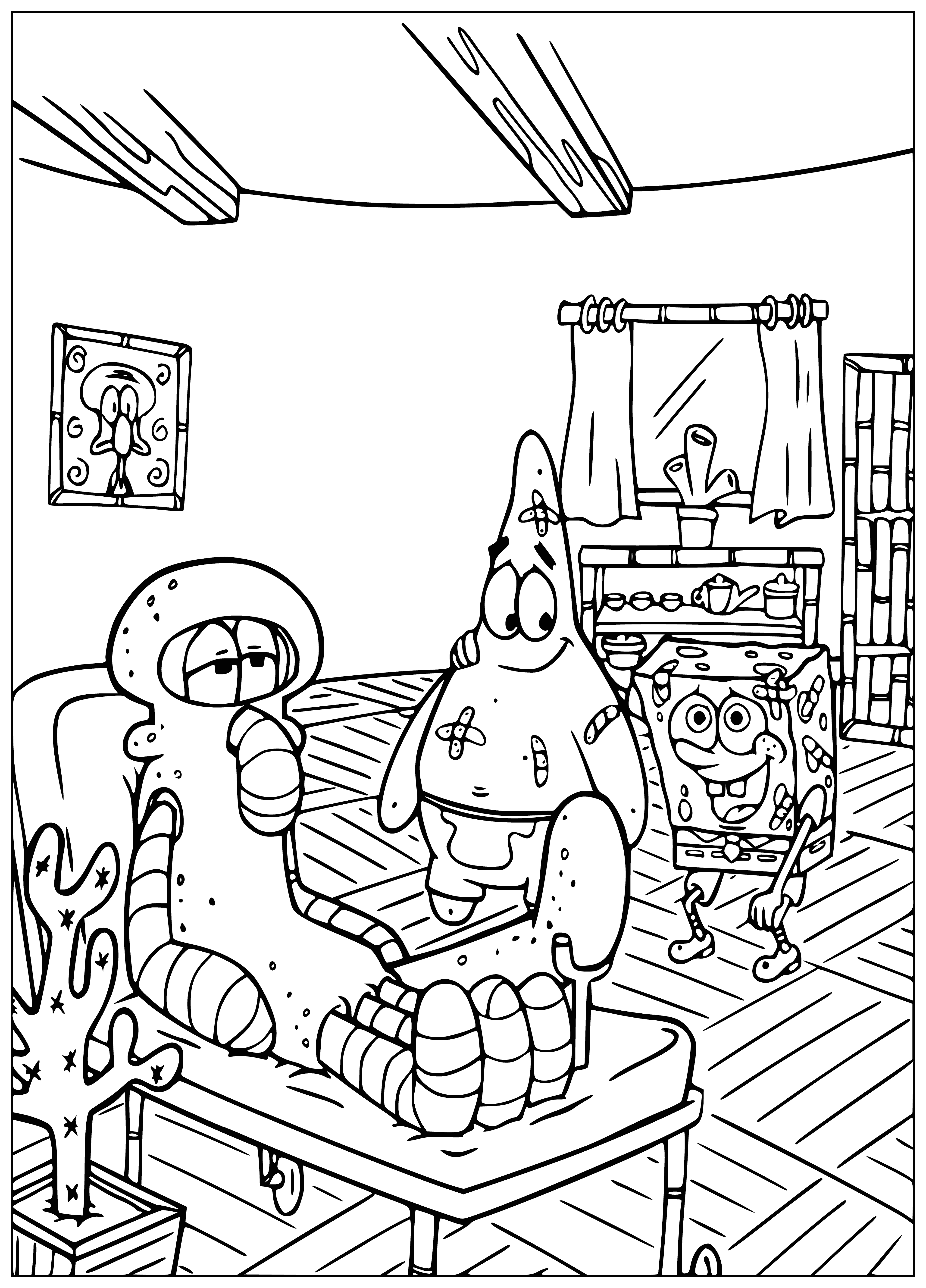 coloring page: SpongeBob is wearing a brown hat with a red flower, surrounded by blue flowers, with a big smile on his face.