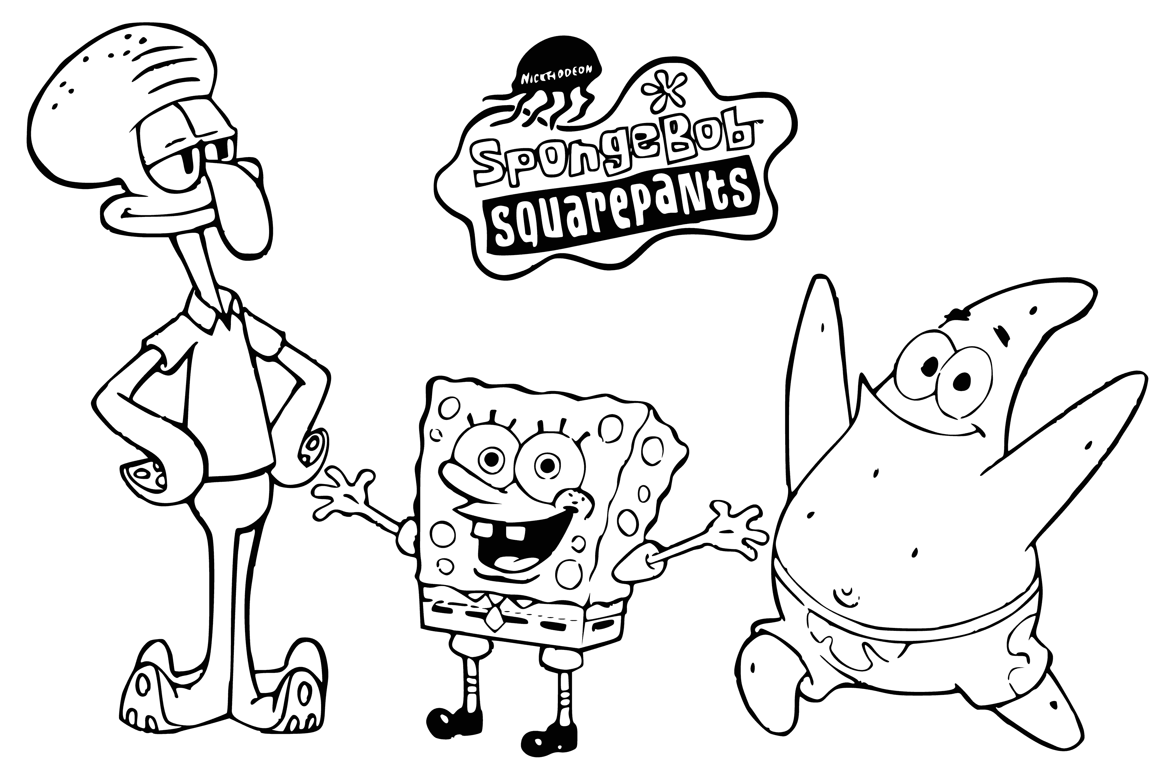 coloring page: SpongeBob waves at Sandy, who holds a pink heart in her right hand. #spongebob #sandycheeks