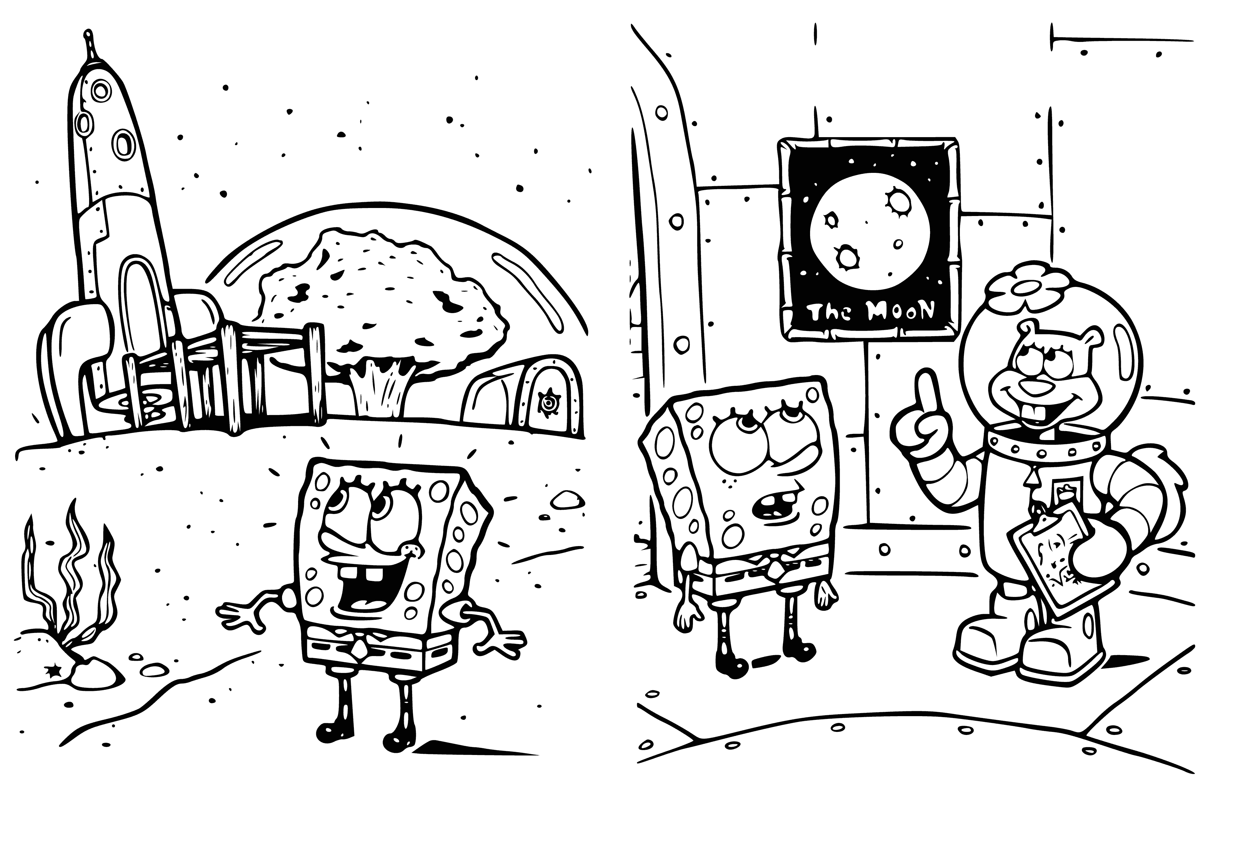 coloring page: Two friends, SpongeBob & a squirrel, stand together in a coloring page. SpongeBob is light yellow & wearing red/white shorts. Squirrel is brown w/white belly, small black eyes & a bushy tail.