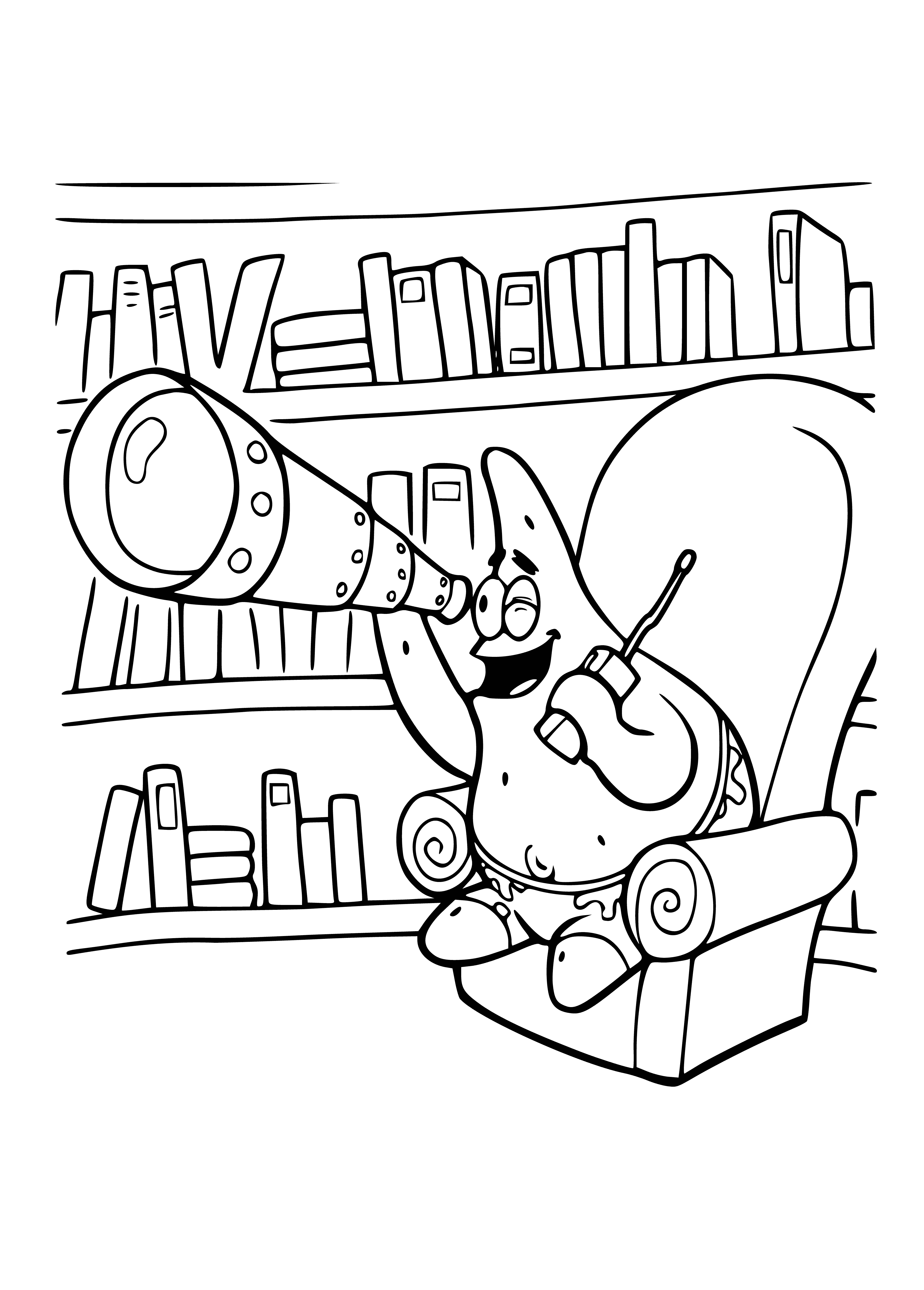 coloring page: Sleeping Patrick wearing a blue shirt and white pants, with yellow shoes, is in a red chair.