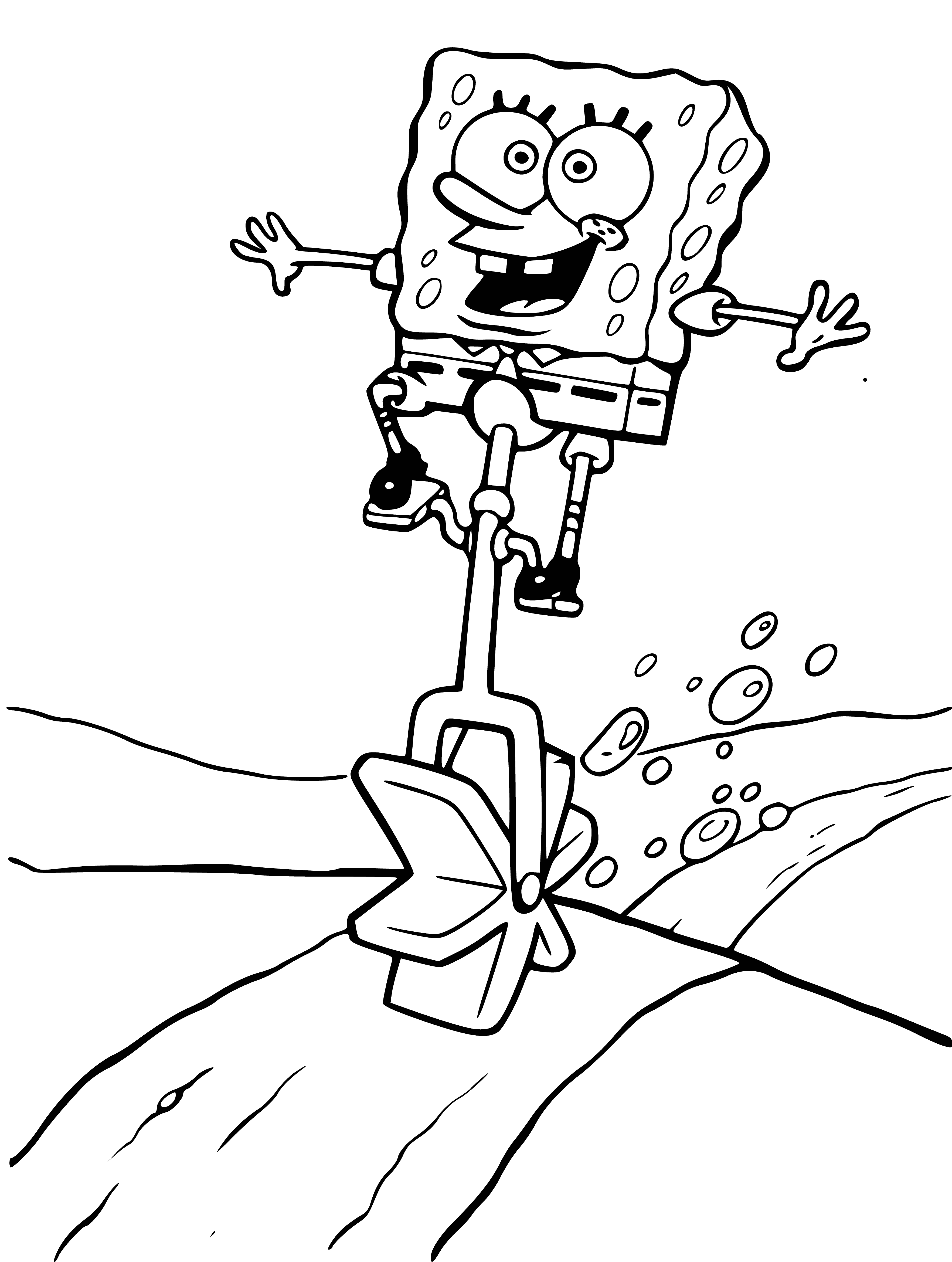 coloring page: SpongeBob Squarepants holds a spatula, wearing his iconic outfit and smiling with big blue eyes. Yellow background. #SpongeBob
