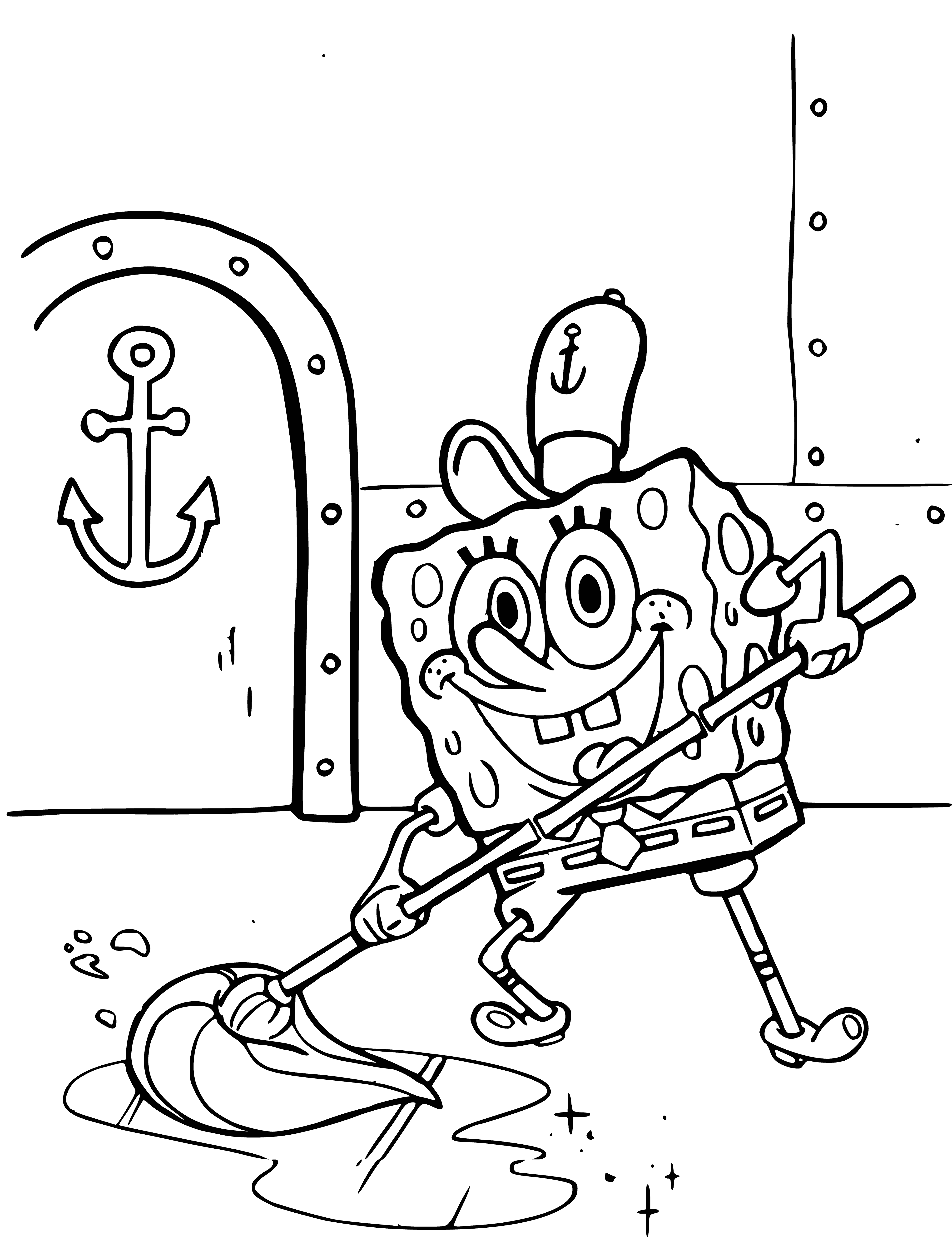 coloring page: SpongeBob cooks up some food at the Krusty Krab with spatula, pot, and chef's hat.