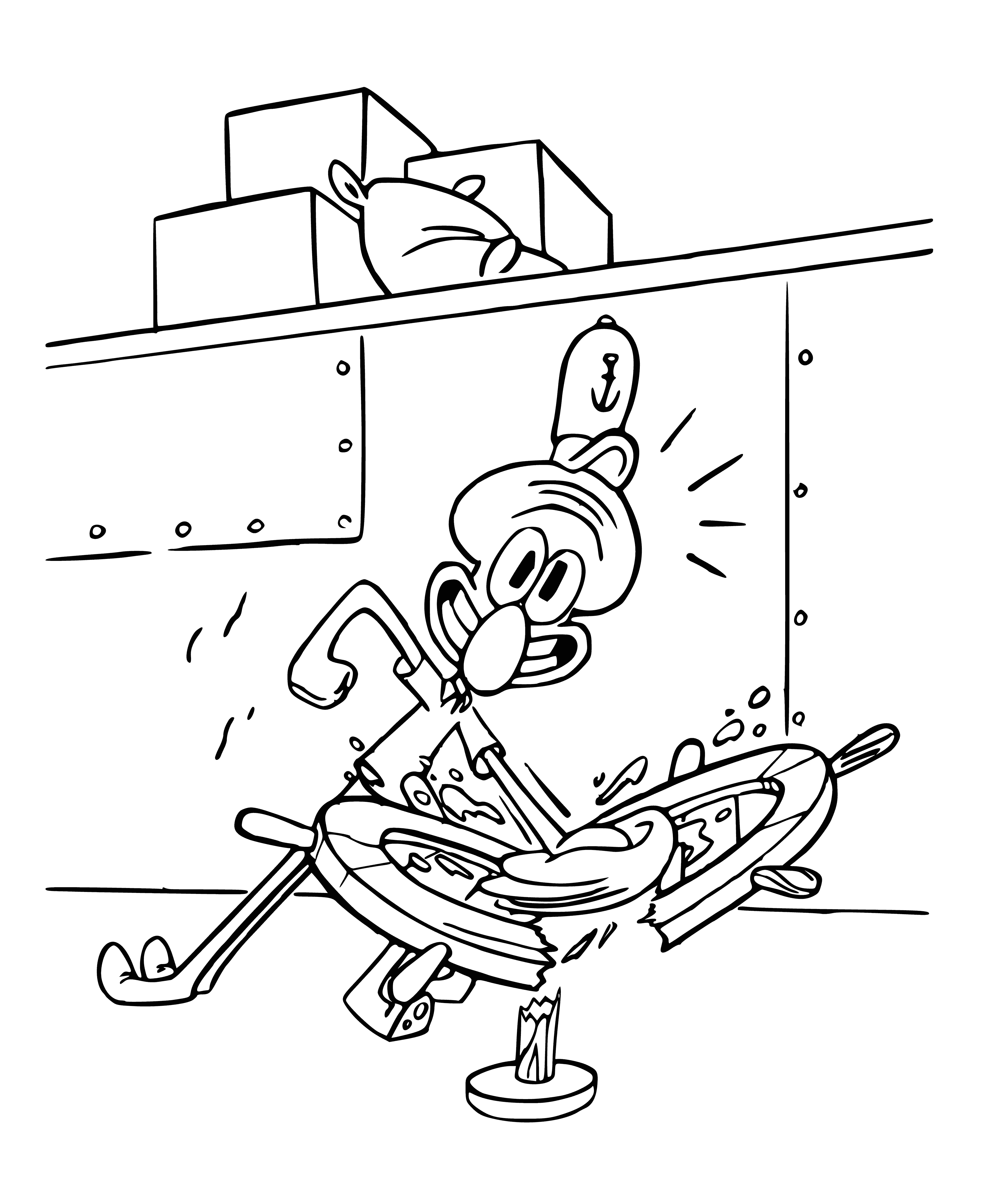 coloring page: SpongeBob sprays a fly on the ceiling with a can of spray, armed with a flyswatter for backup.
