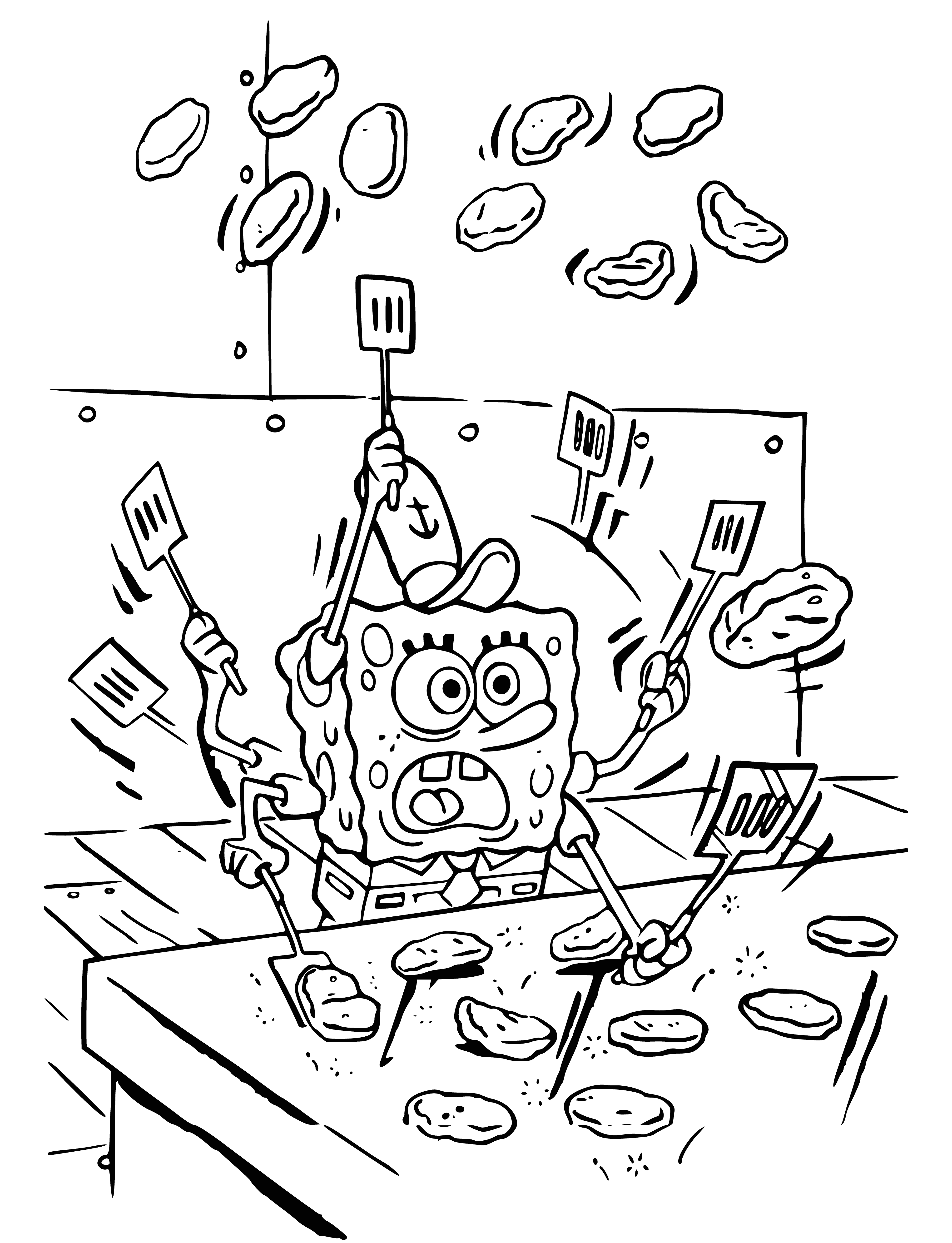 coloring page: SpongeBob stirs a pot at the stove with a spoon.