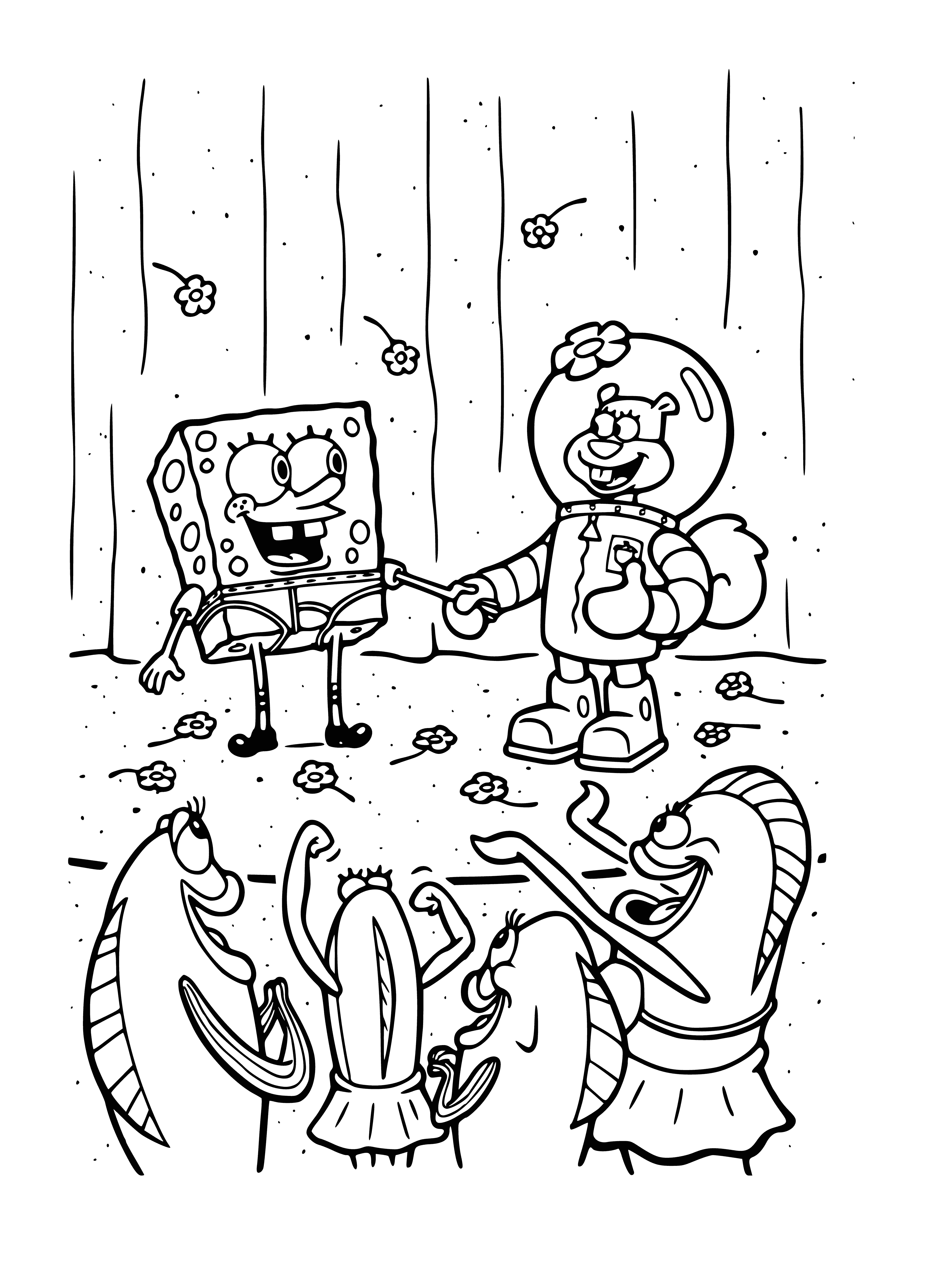 coloring page: SpongeBob holds a nut and a squirrel sits atop his head – he's smiling, the squirrel is curious.