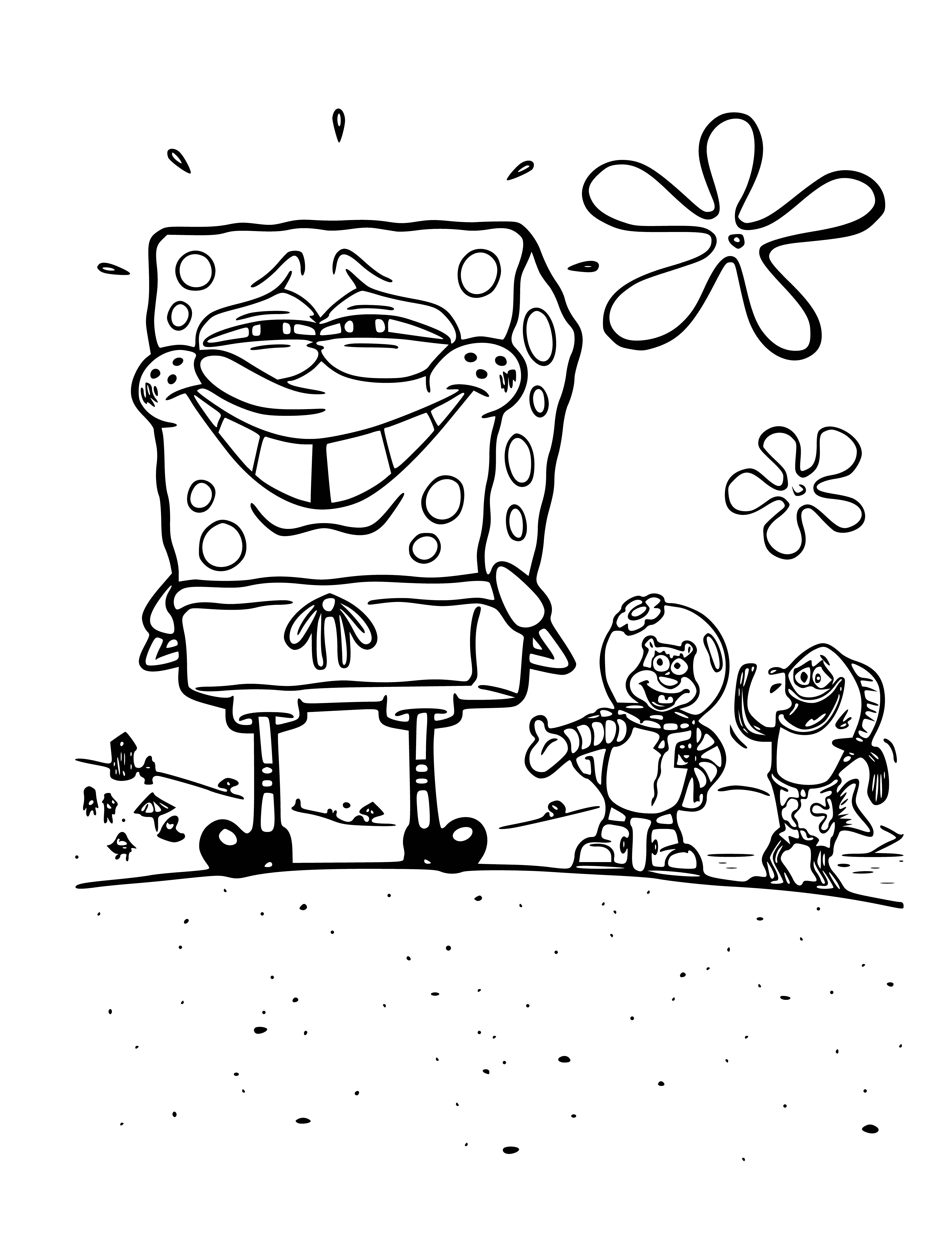coloring page: A yellow sponge with big blue eyes, red polka-dot shorts, thin arms/legs, & large hands/feet is in this coloring page.