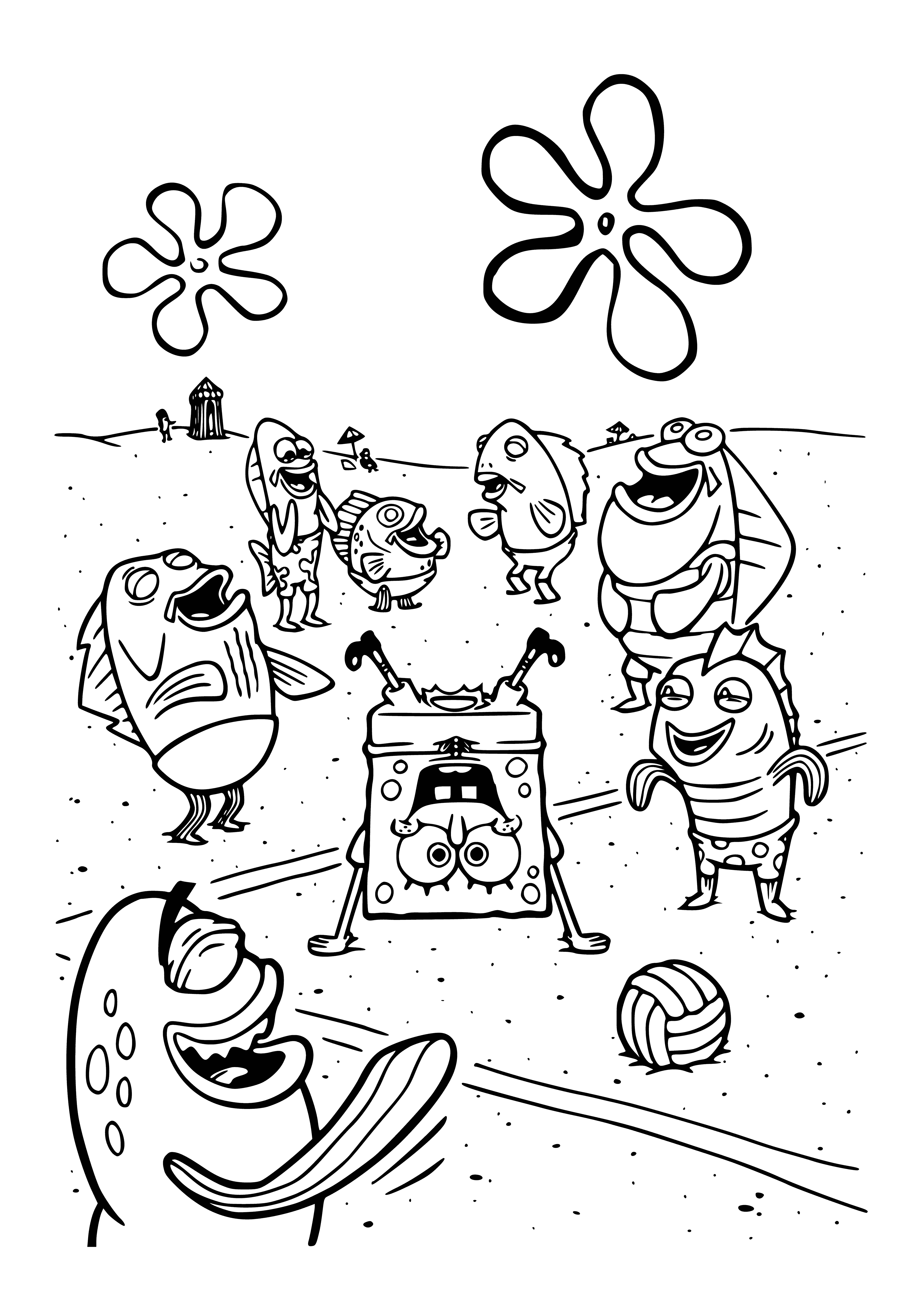 coloring page: A large yellow sponge & a small yellow fish relax on a sandy beach with smiles, enjoying a bright blue ocean & sky.