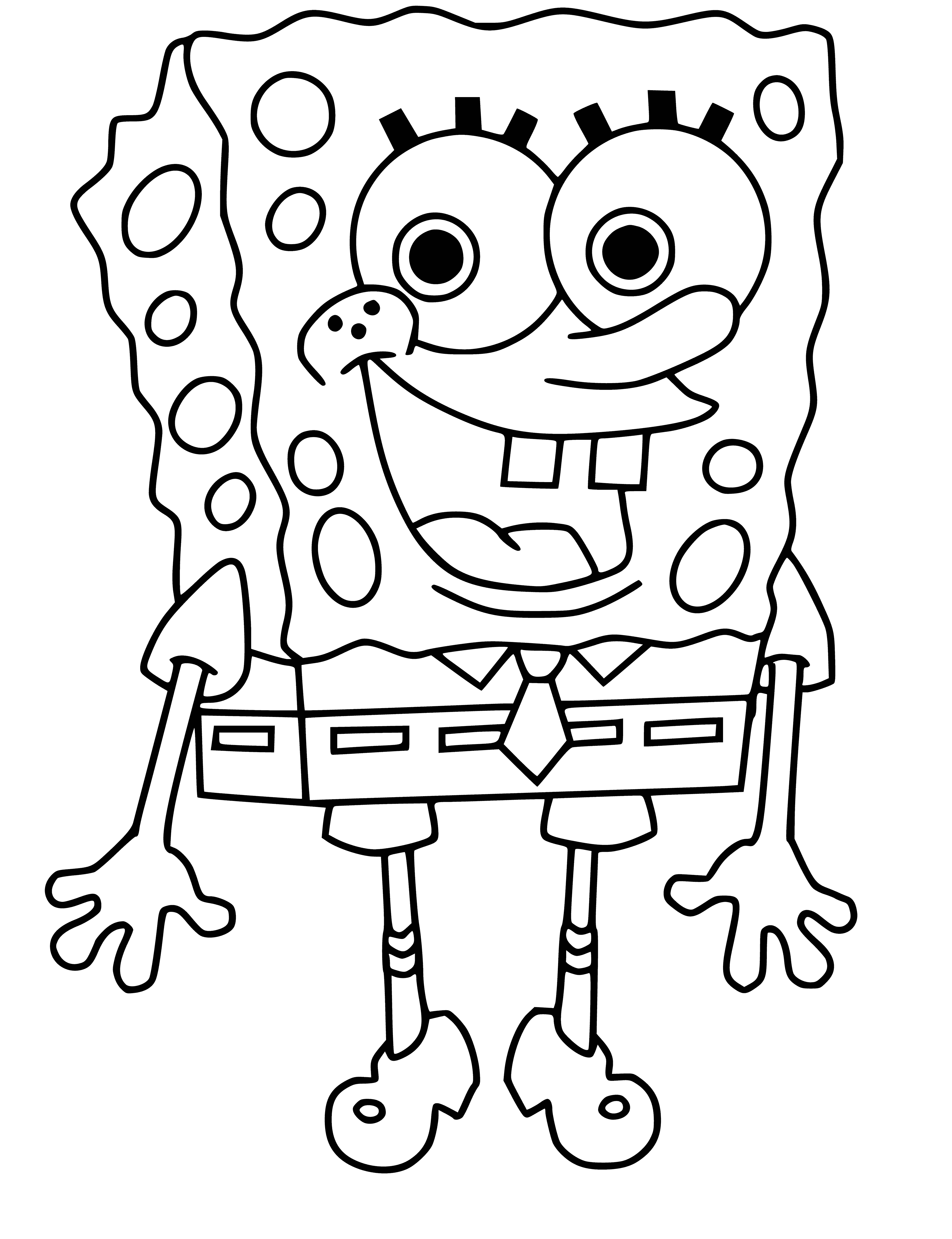 coloring page: Spongebob Squarepants, a yellow sponge with big eyes and a big smile, is wearing red shorts & blue shirt in the coloring page.