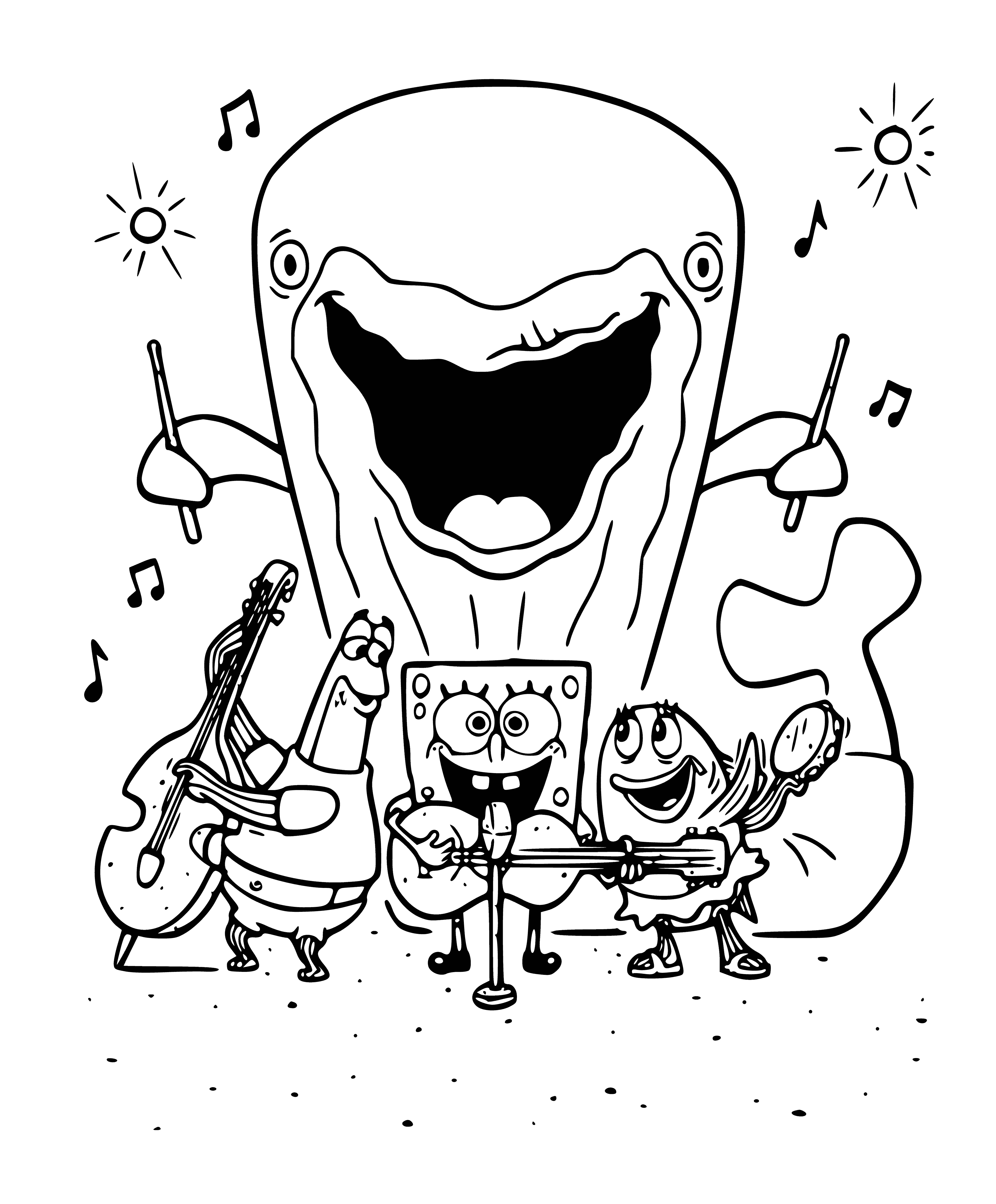 coloring page: The SpongeBob Squarepants Merry Quartet: electric guitar, drums, clarinet, bass; all in Santa hats, all very happy!