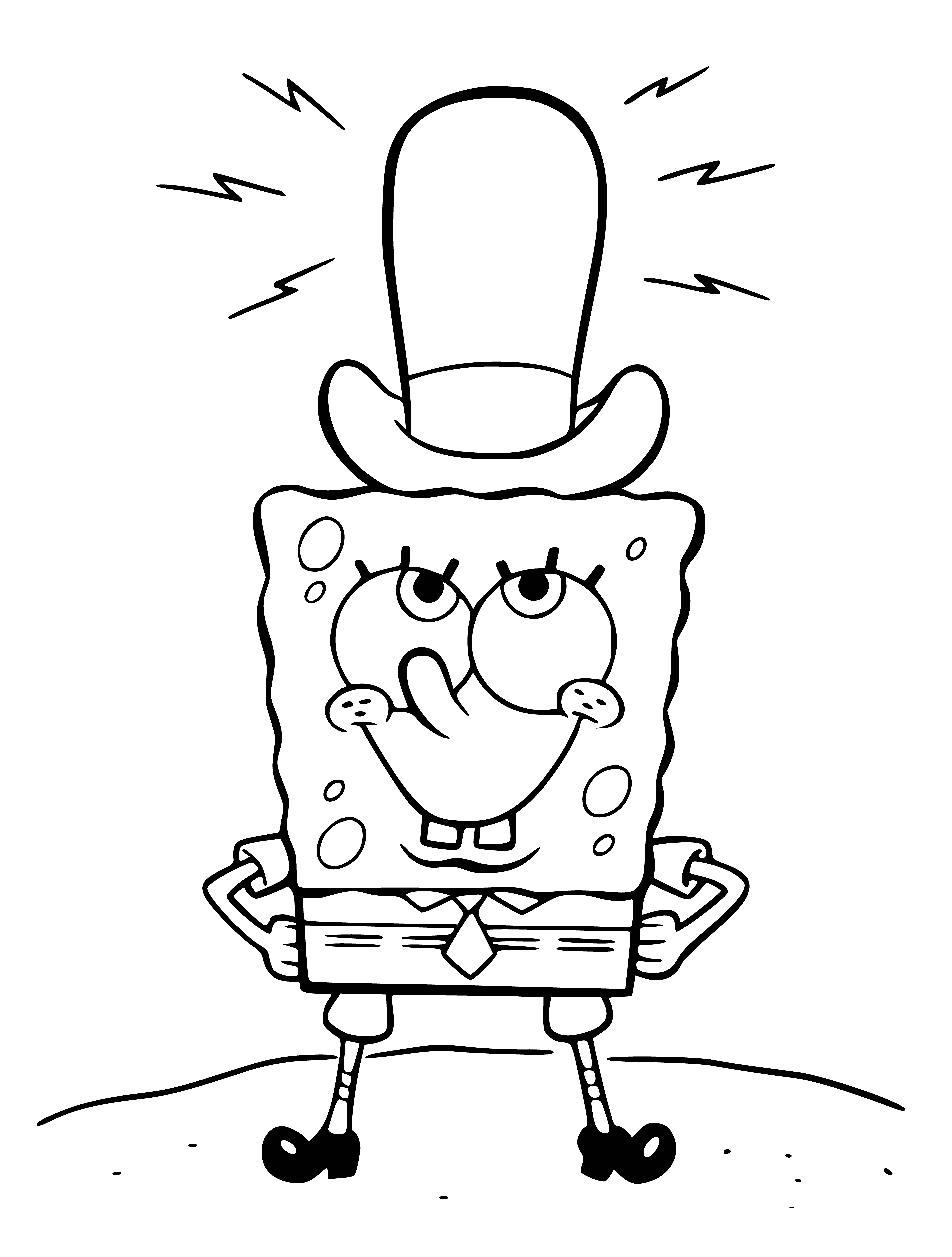 coloring page: SpongeBob SquarePants stars on coloring page. Yellow, blue eyes, gaping mouth, brown pants, white shirt, red tie, standing in front of large pink/purple flower. #Nickelodeon