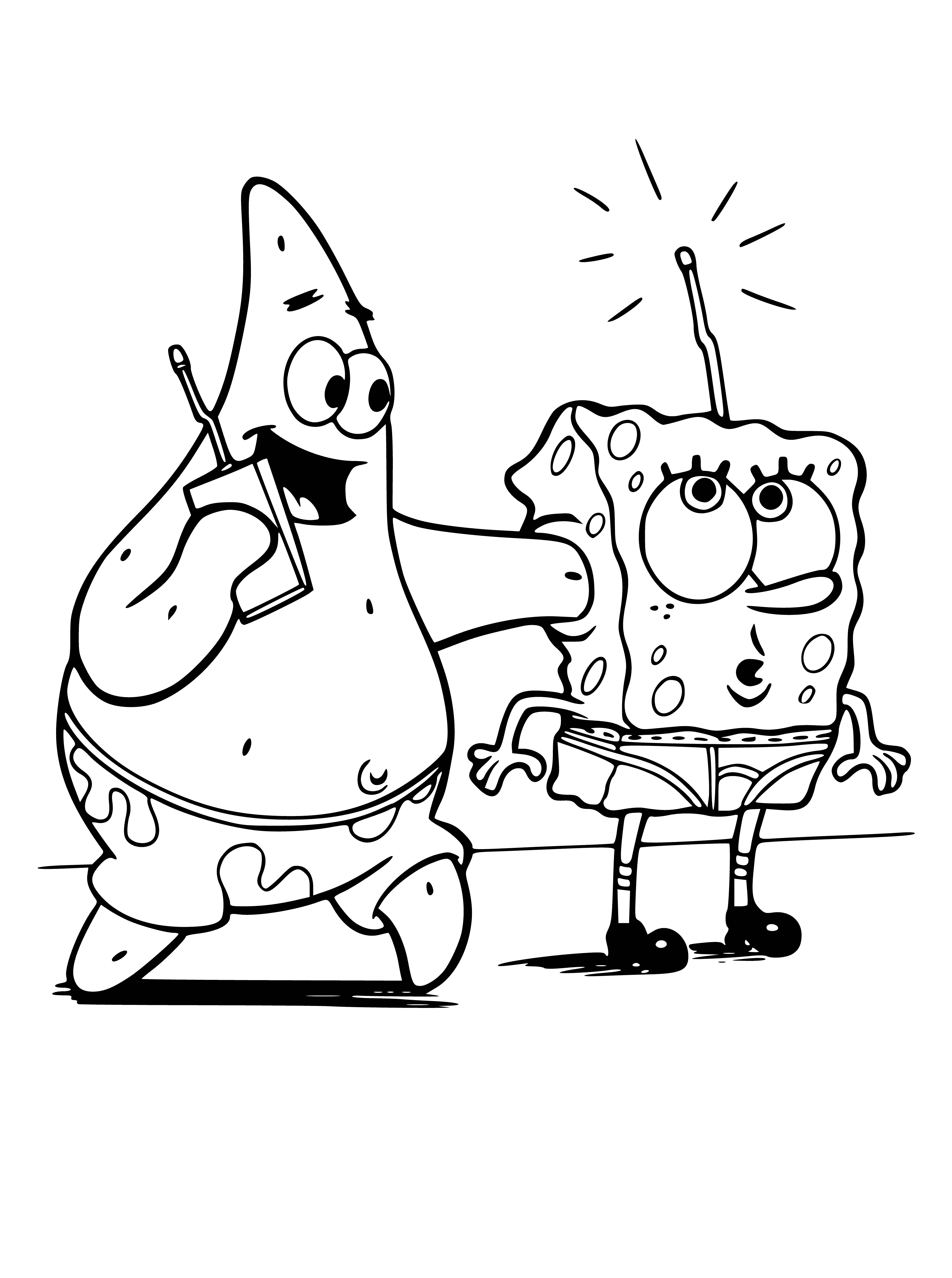 coloring page: SpongeBob and Patrick are Bikini Bottom pals with SpongeBob working at the Krusty Krab while Patrick always being there to support his best friend. Together they bring loads of fun & smiles!