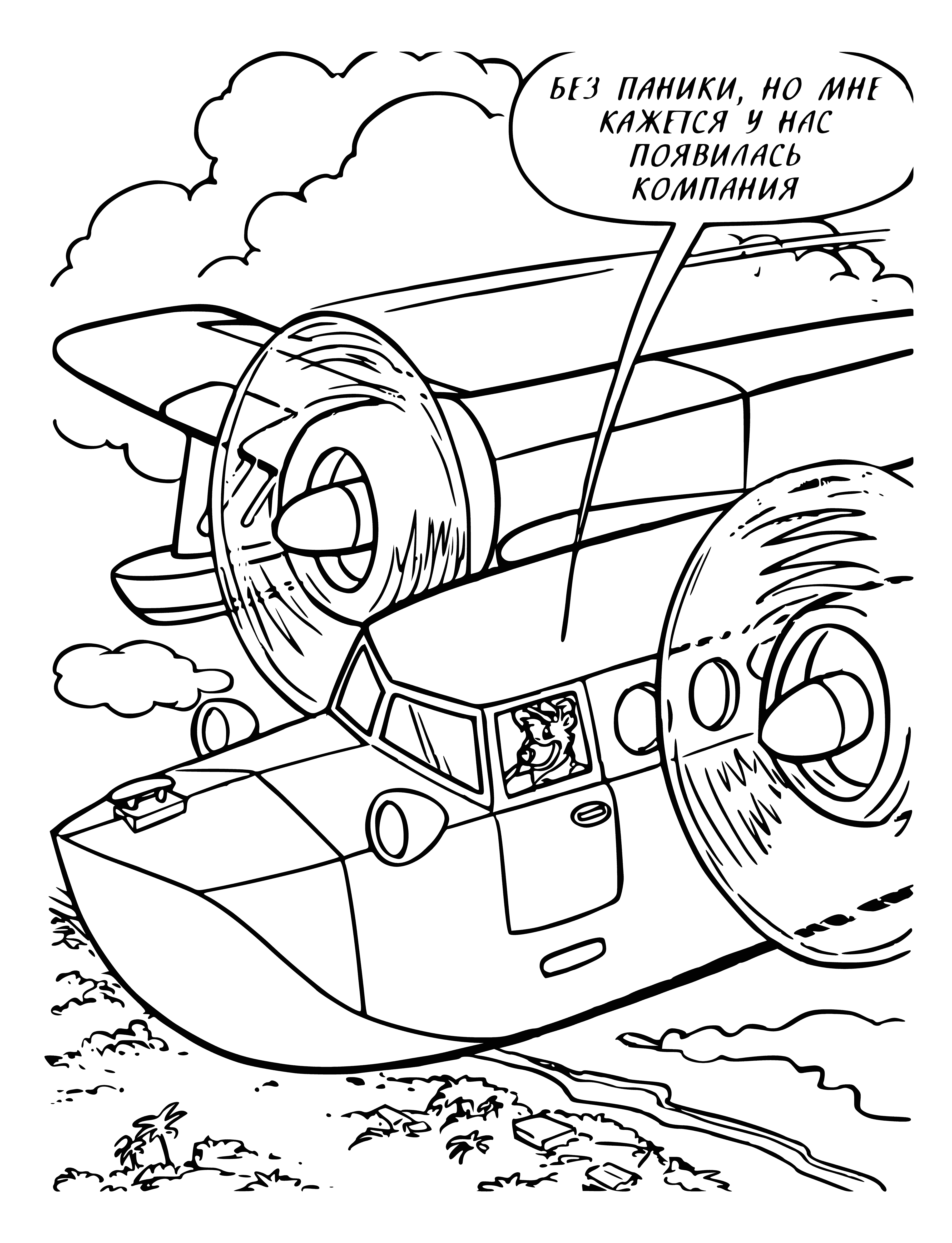 coloring page: A large blue and white plane with "Spin Tales - Baloo" written on it. It has two engines, wings & windows.
