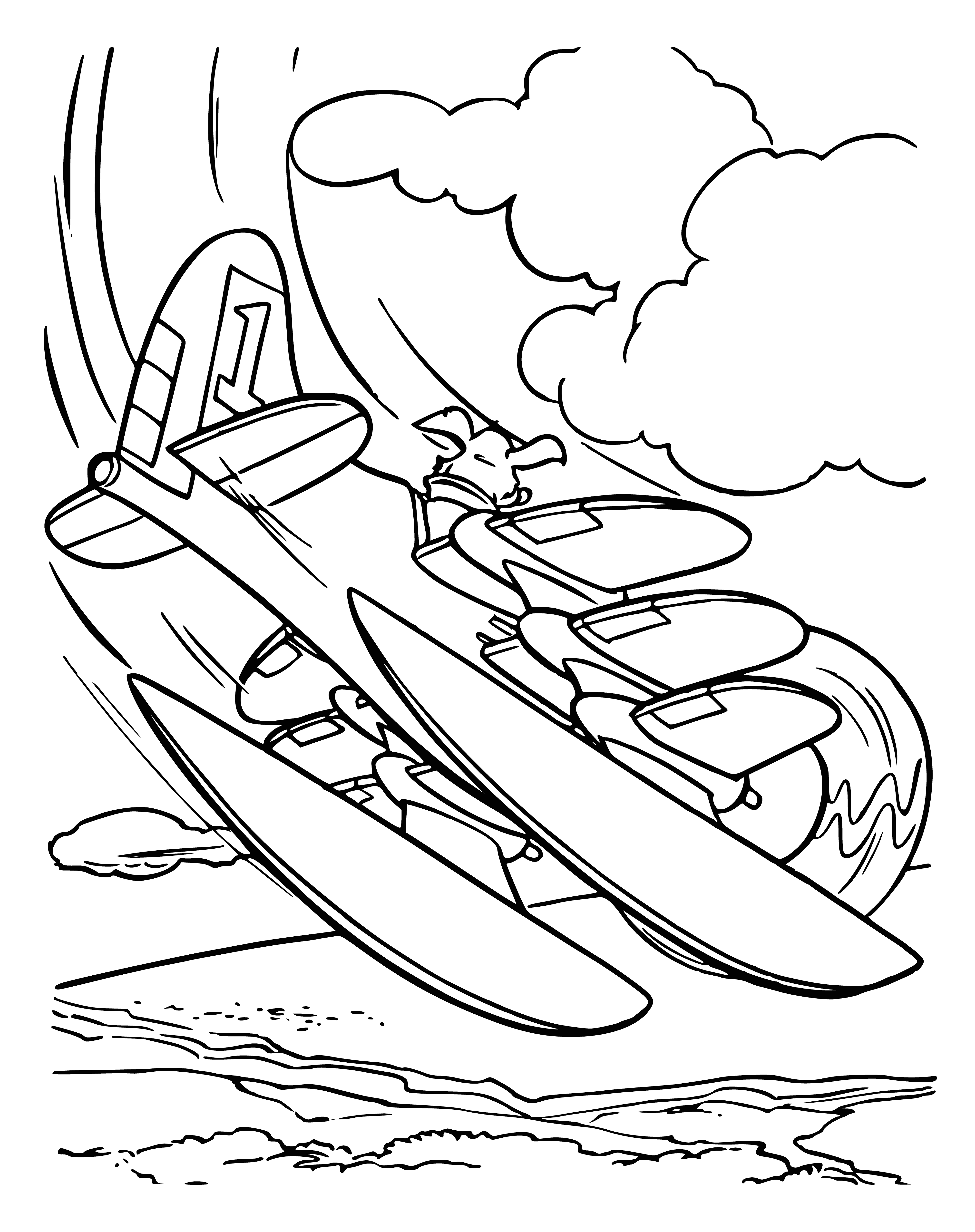 coloring page: Small, rectangular plane w/ green, yellow, red; propeller front, cockpit middle w/ two seats.