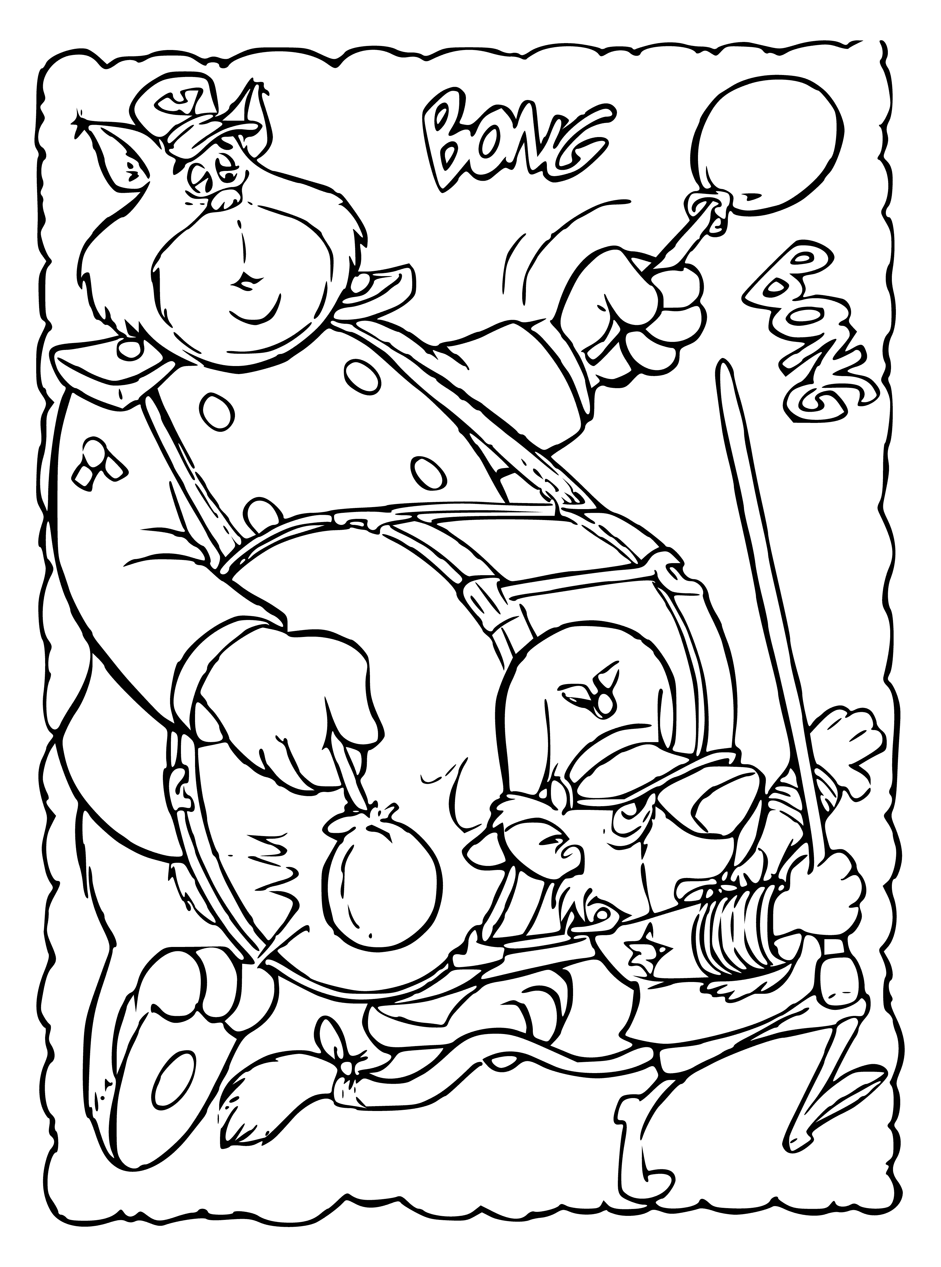 coloring page: Guard in red coat and black hat stands at parade's edge with flag and drum, looking on.