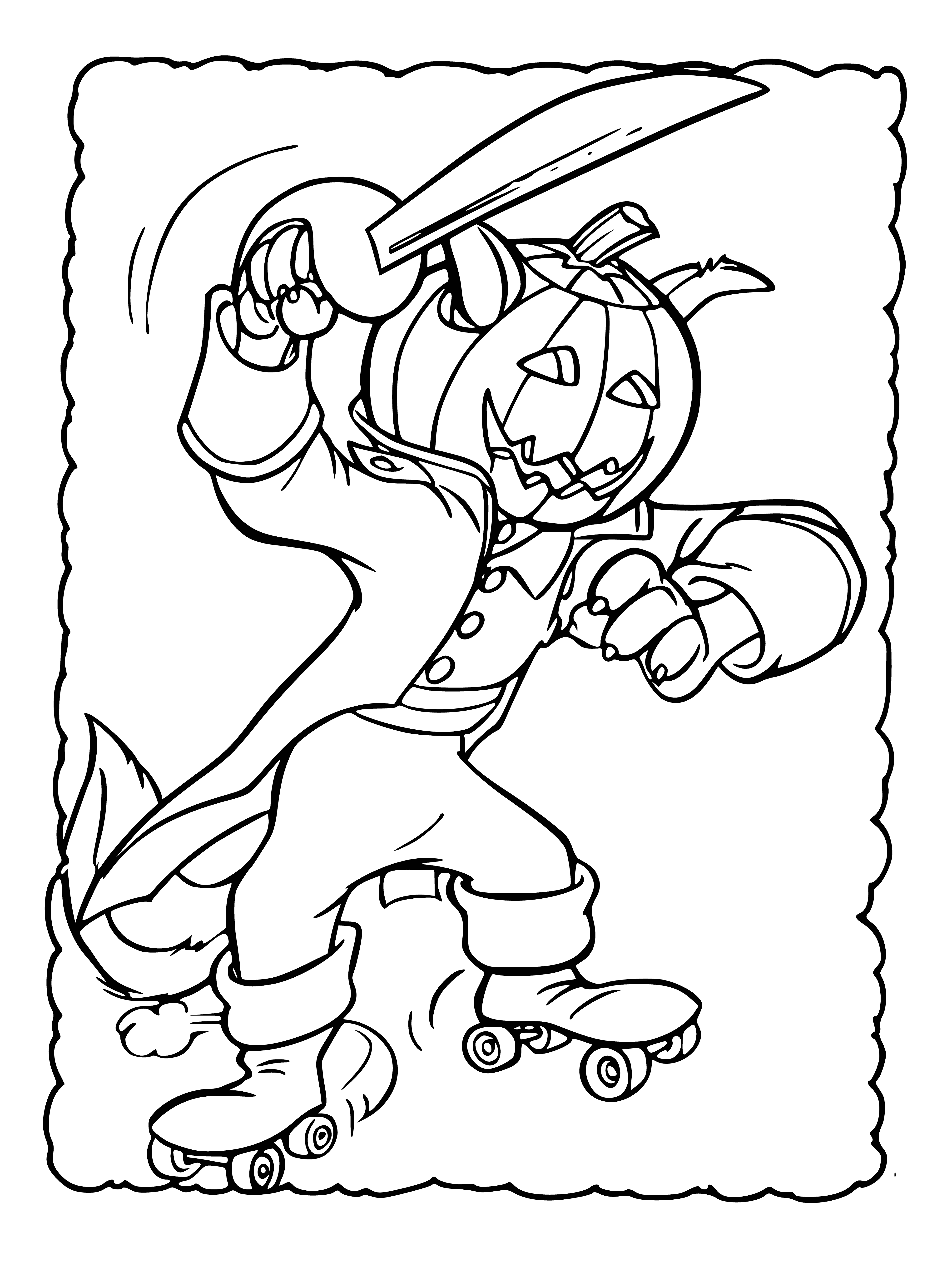 coloring page: Red-haired, bearded head pirate stands on a pirate ship deck next to a large barrel wearing blue shirt, red scarf & brown belt with sword, with black eye-patch.