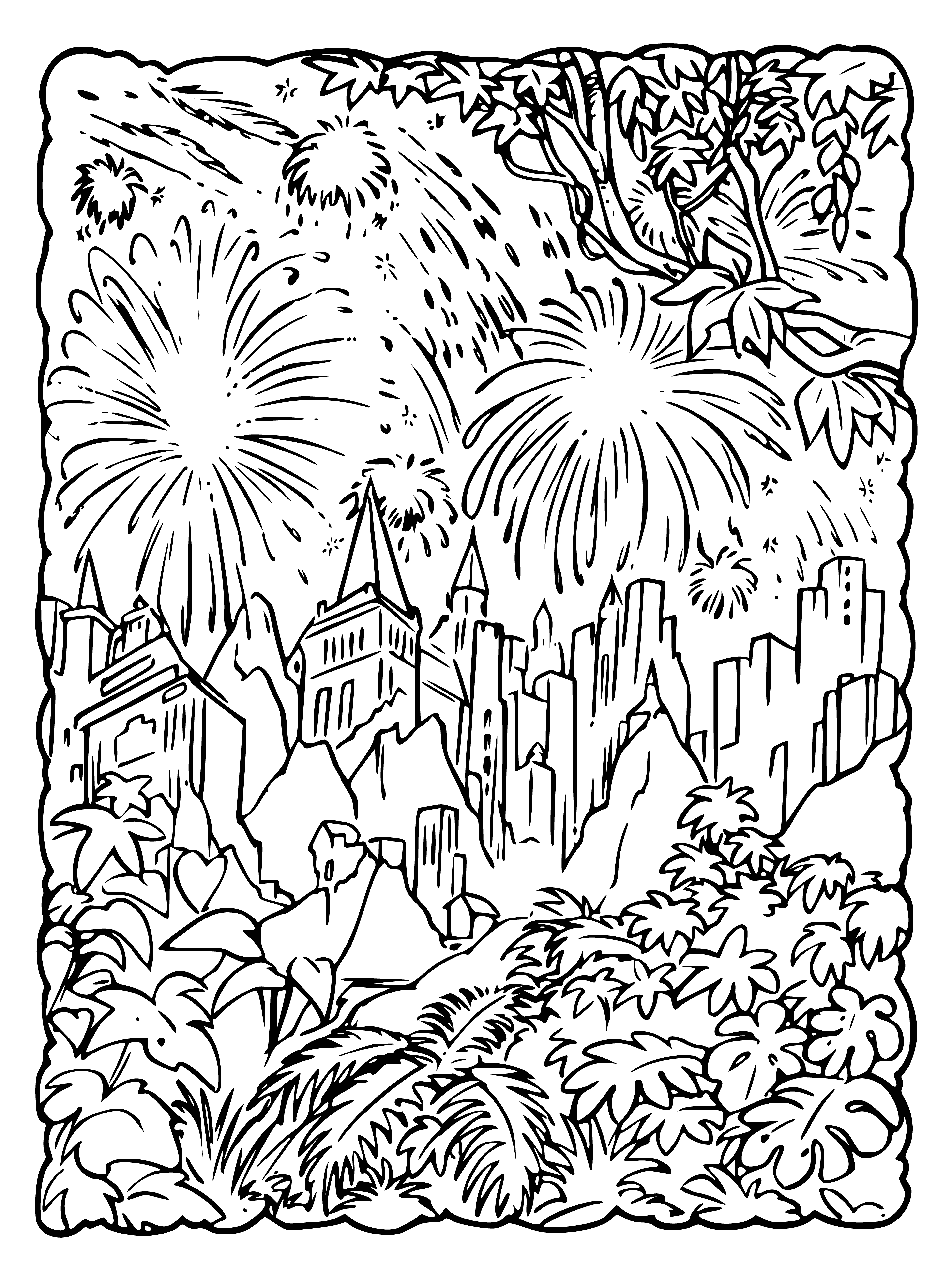 coloring page: Against a dark sky, glowing fireworks light up the cityscape river on a festive night of celebration; many gather to watch the show.