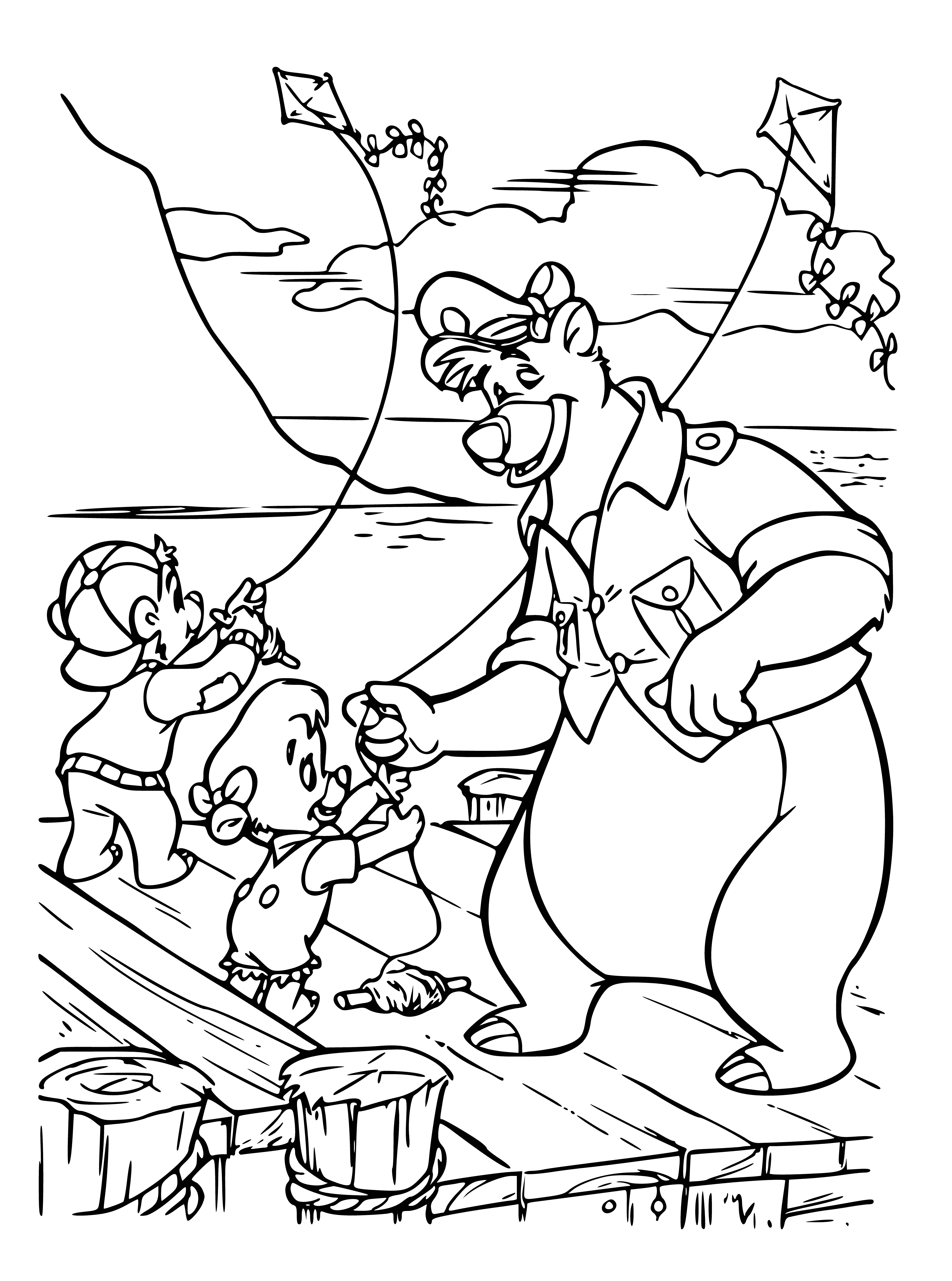 Children fly kites coloring page
