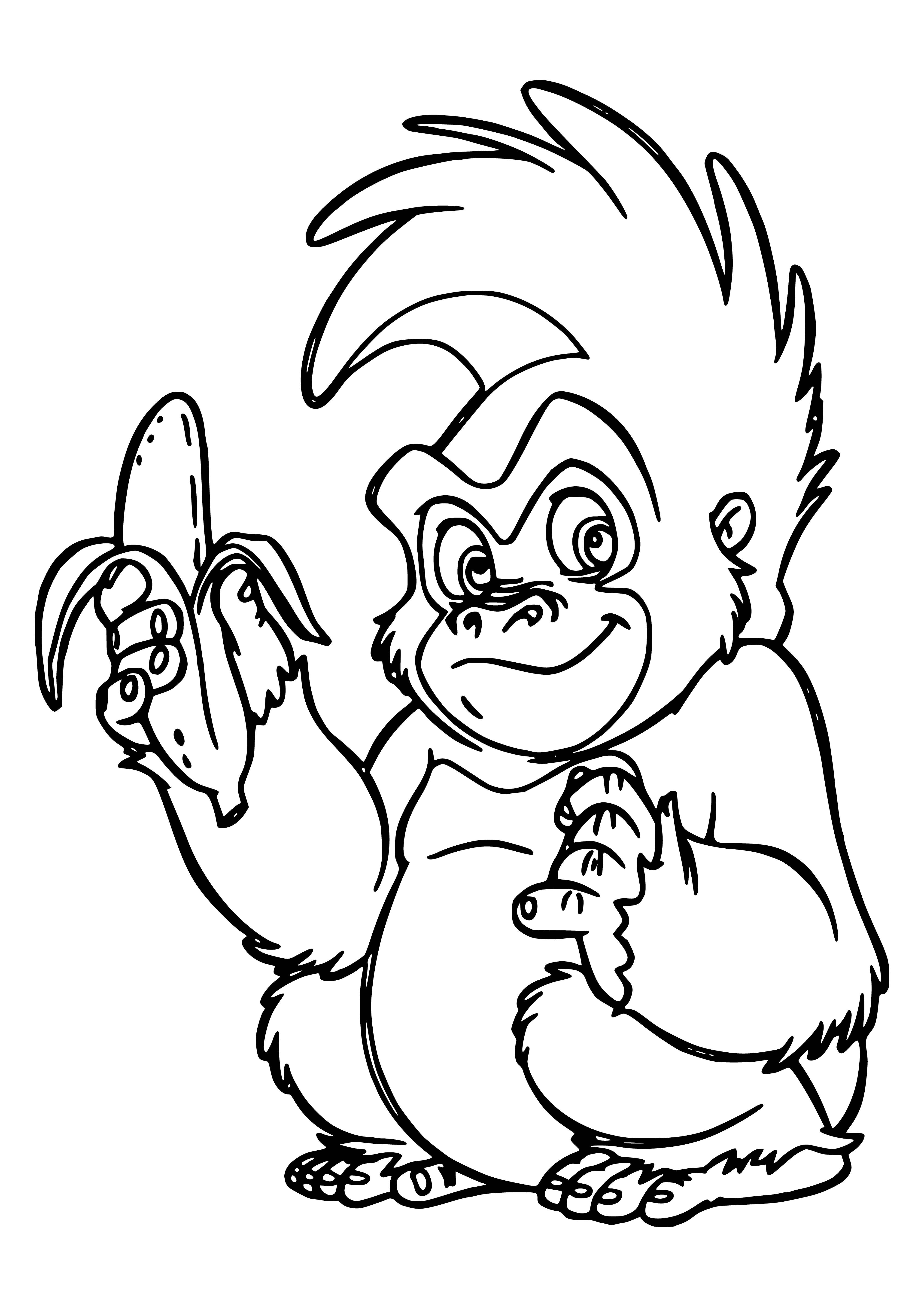 coloring page: A large brown gorilla sits cross-armed on a tree branch, with blue eyes.