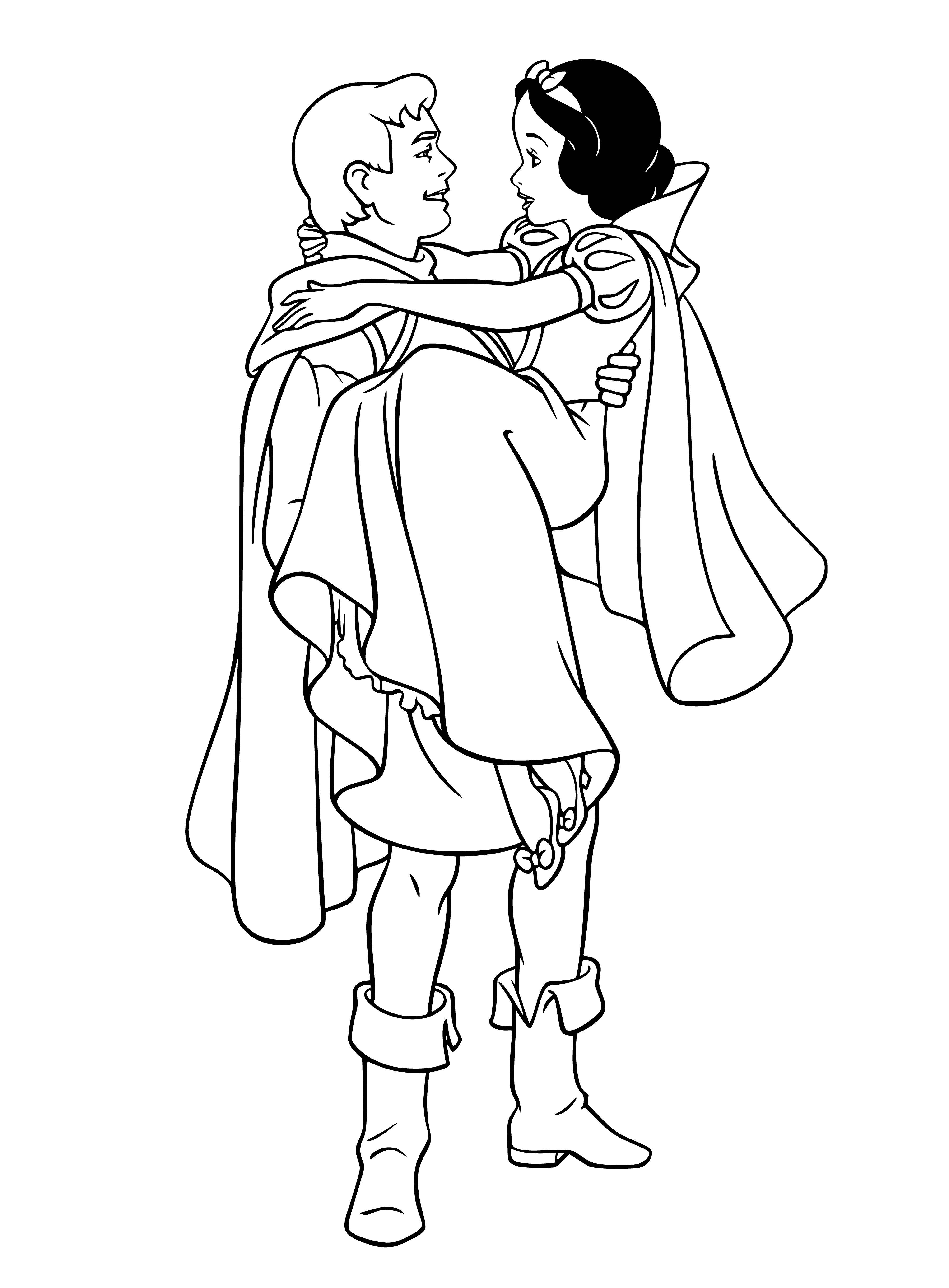 coloring page: The prince and Snow White are in deep conversation, with the prince's hand outstretched and Snow White leaning towards him.