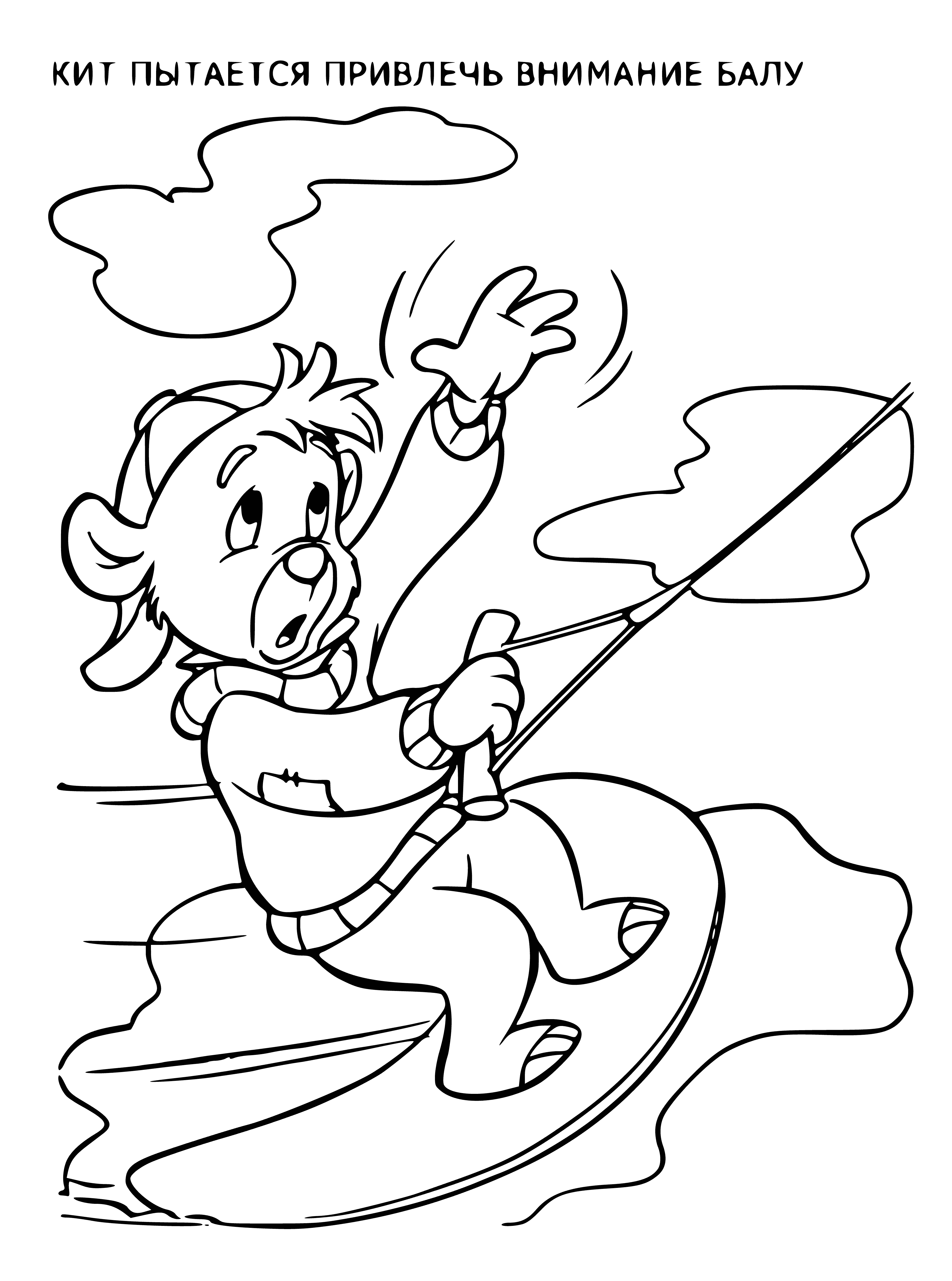 coloring page: Gray whale with mouth open leans right, white object beside it.