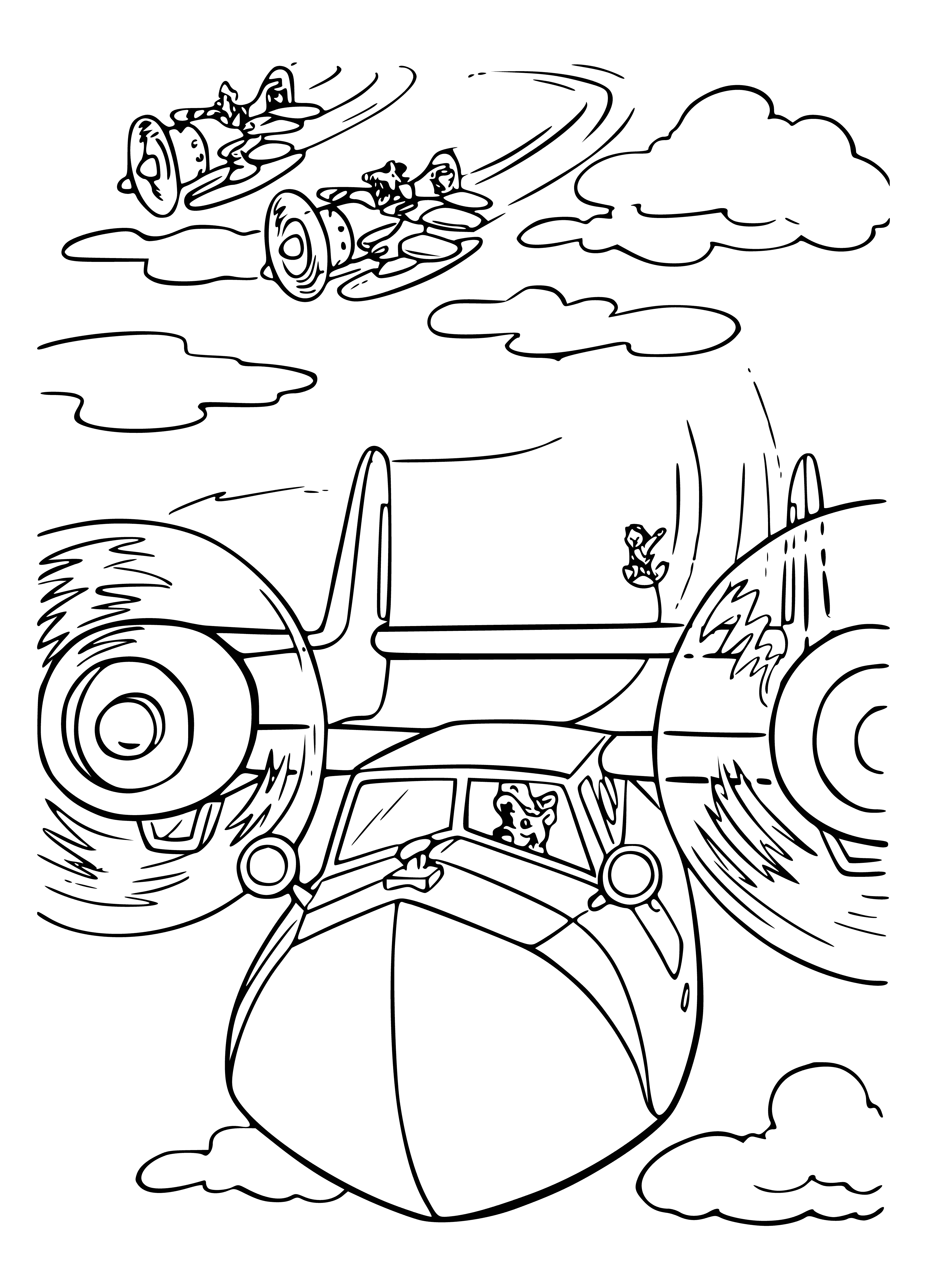coloring page: Pirates race for treasure chest in rowboat; Speedboat gaining as it drifts downstream with pirate in back holding rope.