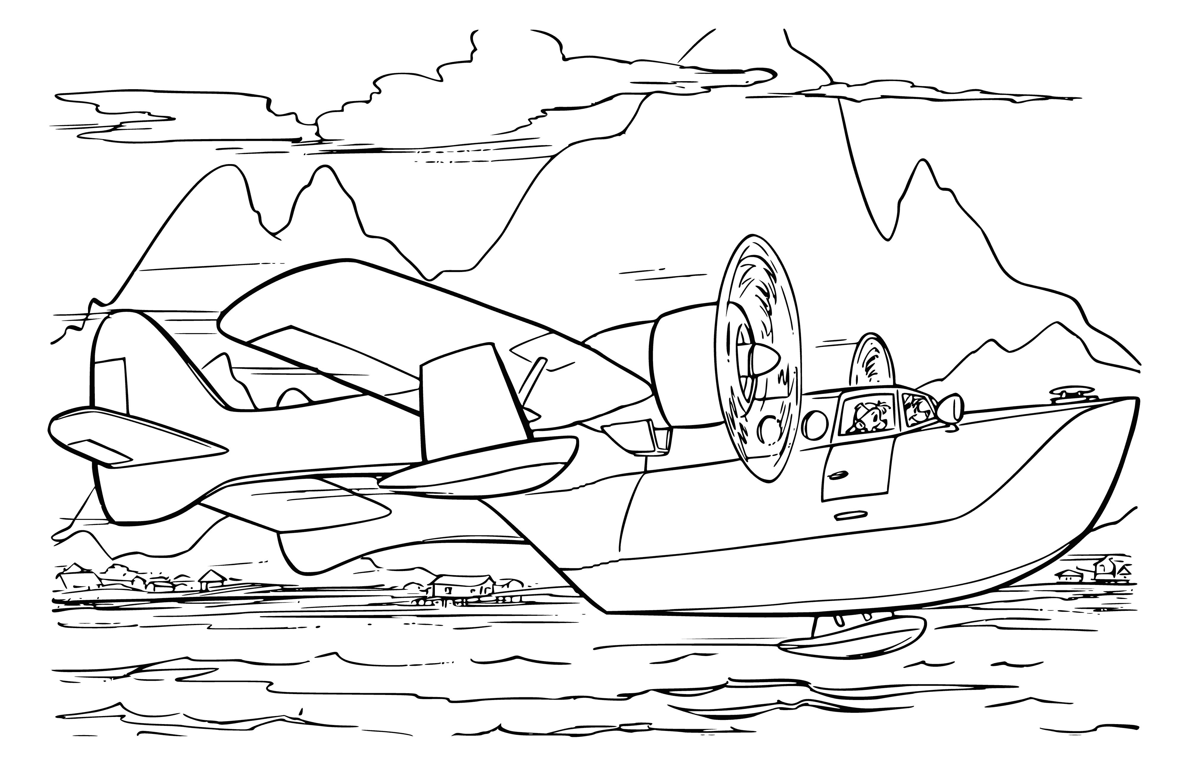 coloring page: Large, blue and white plane with red/white stripe flying over deep blue water and light blue sky- no other planes/objects in sight.