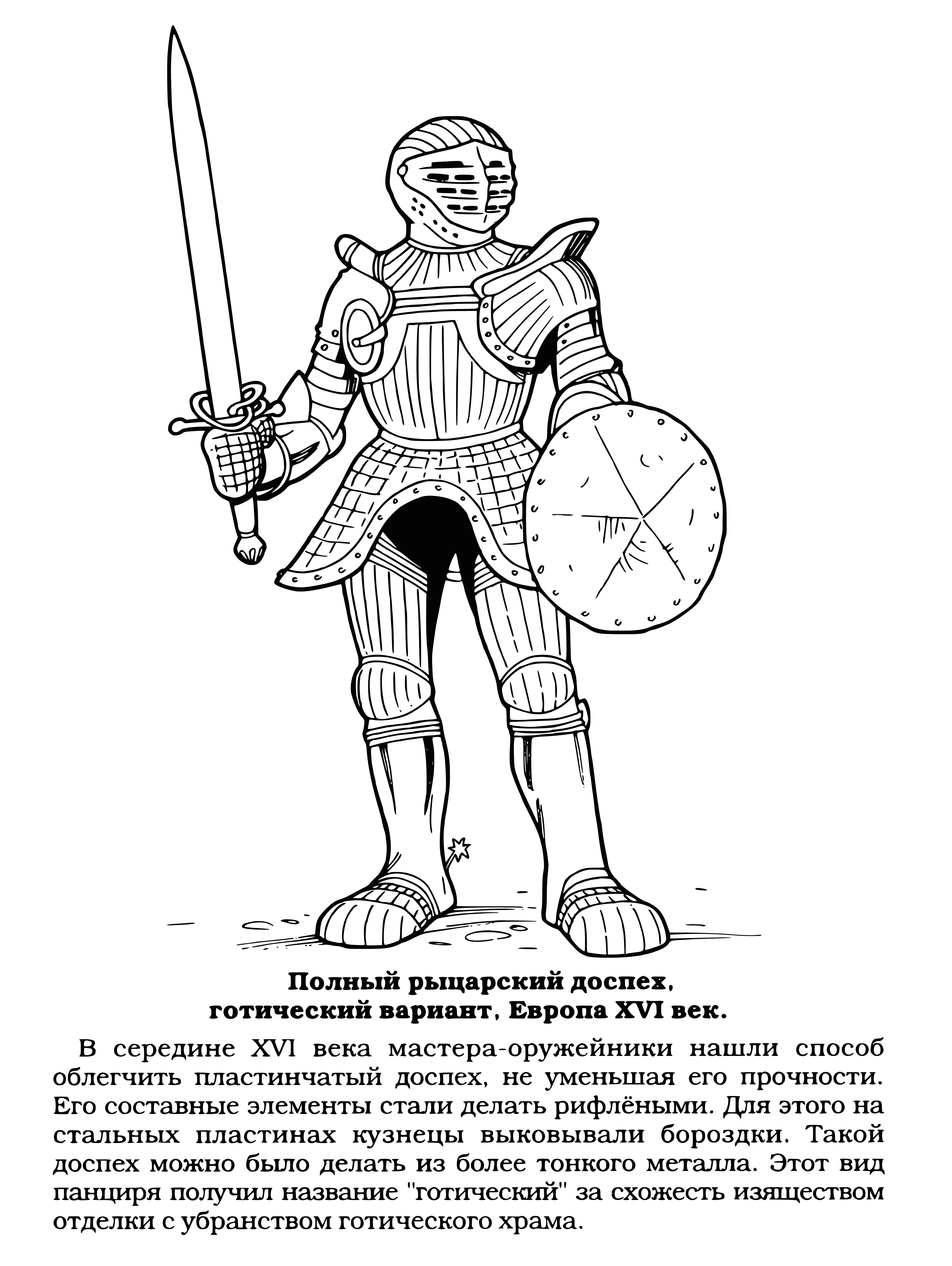 coloring page: Noble warrior in pristine armor riding a calm white horse proudly holds spear & shield while waving blue & white banner. #readytofight