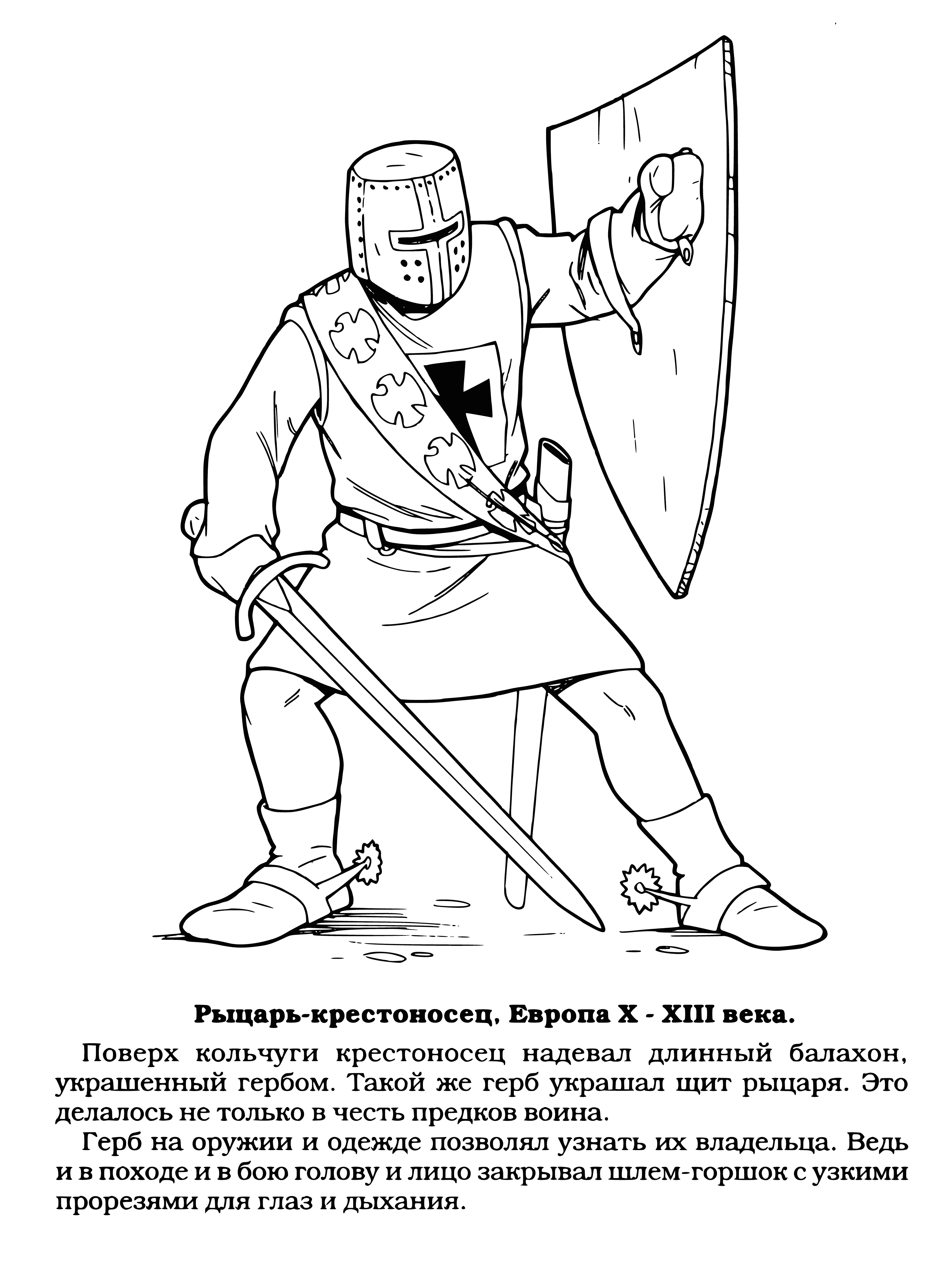 coloring page: A Knight Crusader is a brave, heroic protector who wears classic armor and carries a shield and sword.