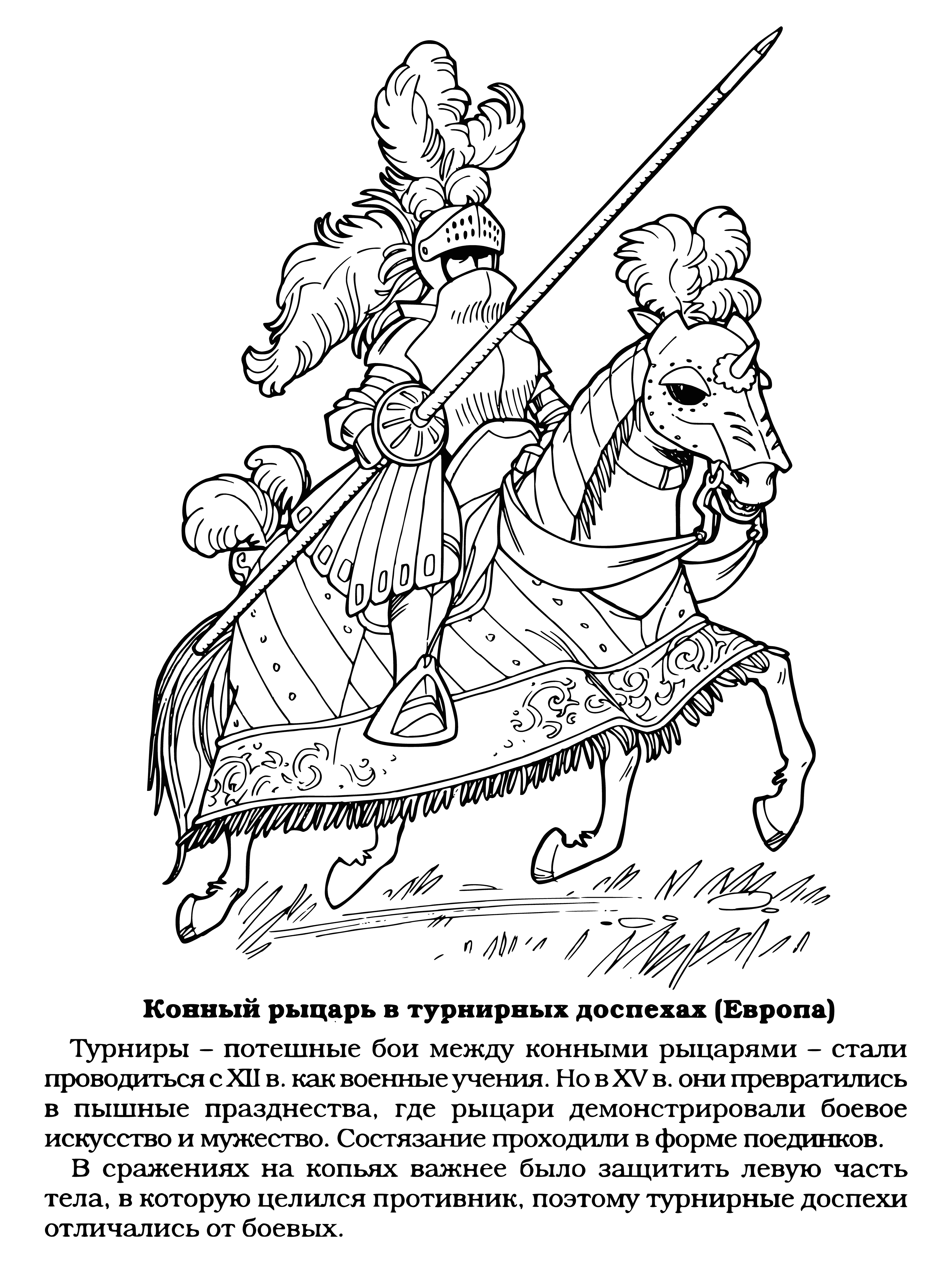 coloring page: Brave knights on horses, armed with swords, shields & lances, ready for battle. Skilled in horsemanship & combat, they are fearless & ready to fight for what they believe in.