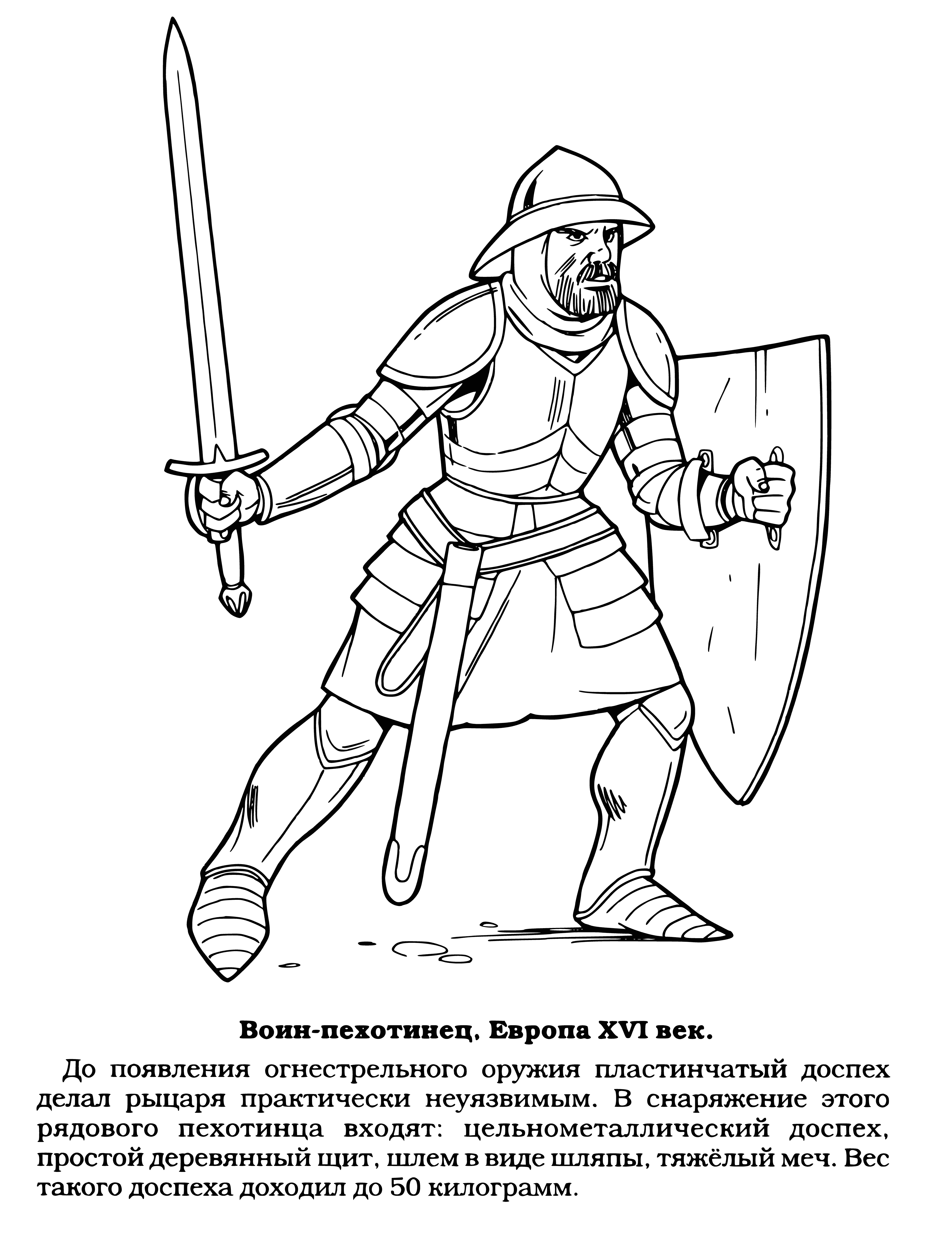 coloring page: Four warriors standing in line, two swords and two shields, all wearing armor and helmets, two with visors down. #art #coloringpage
