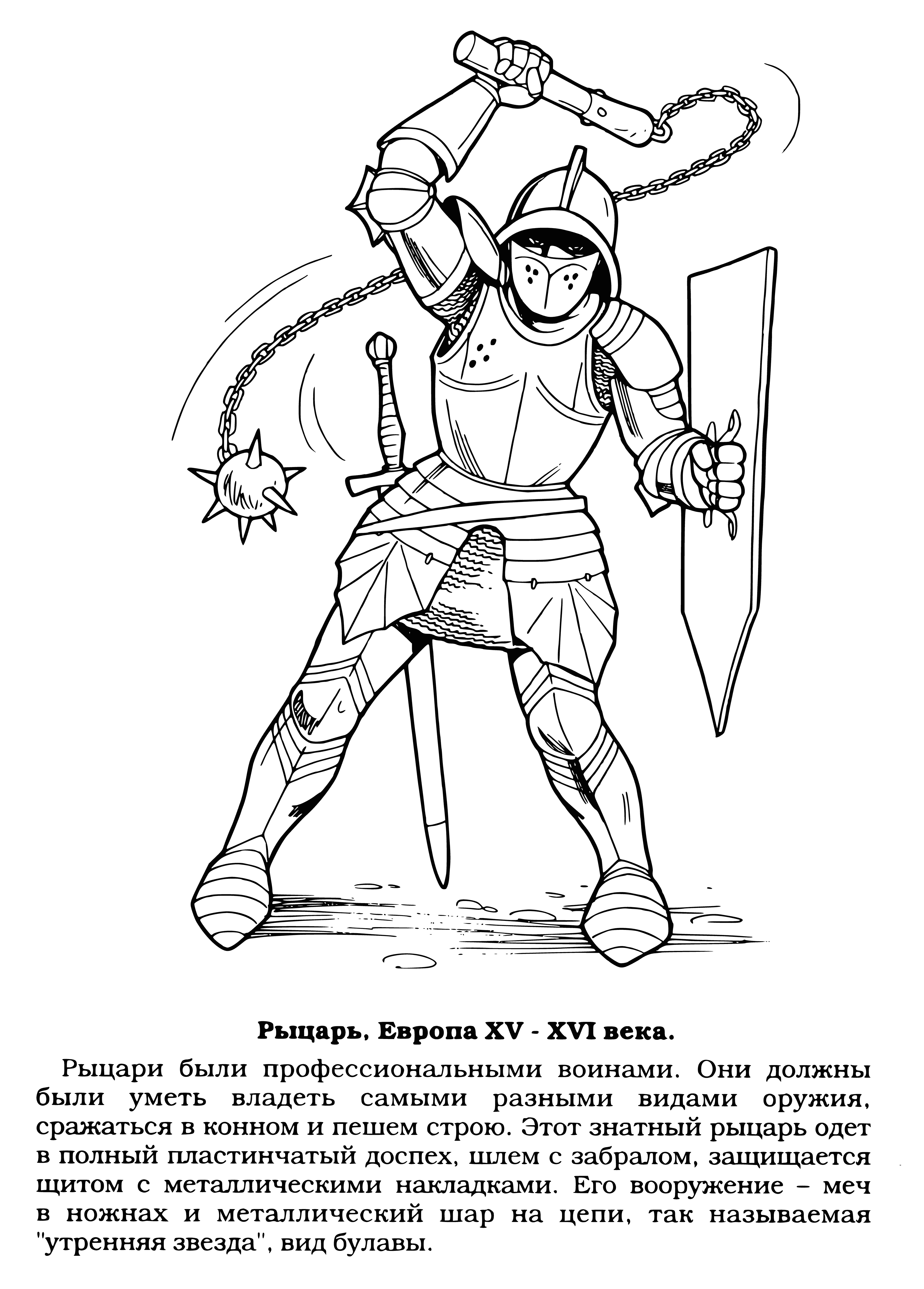 coloring page: Knight in shining armor w/ mace looks strong & capable. Shield & helment show armor well-maintained.