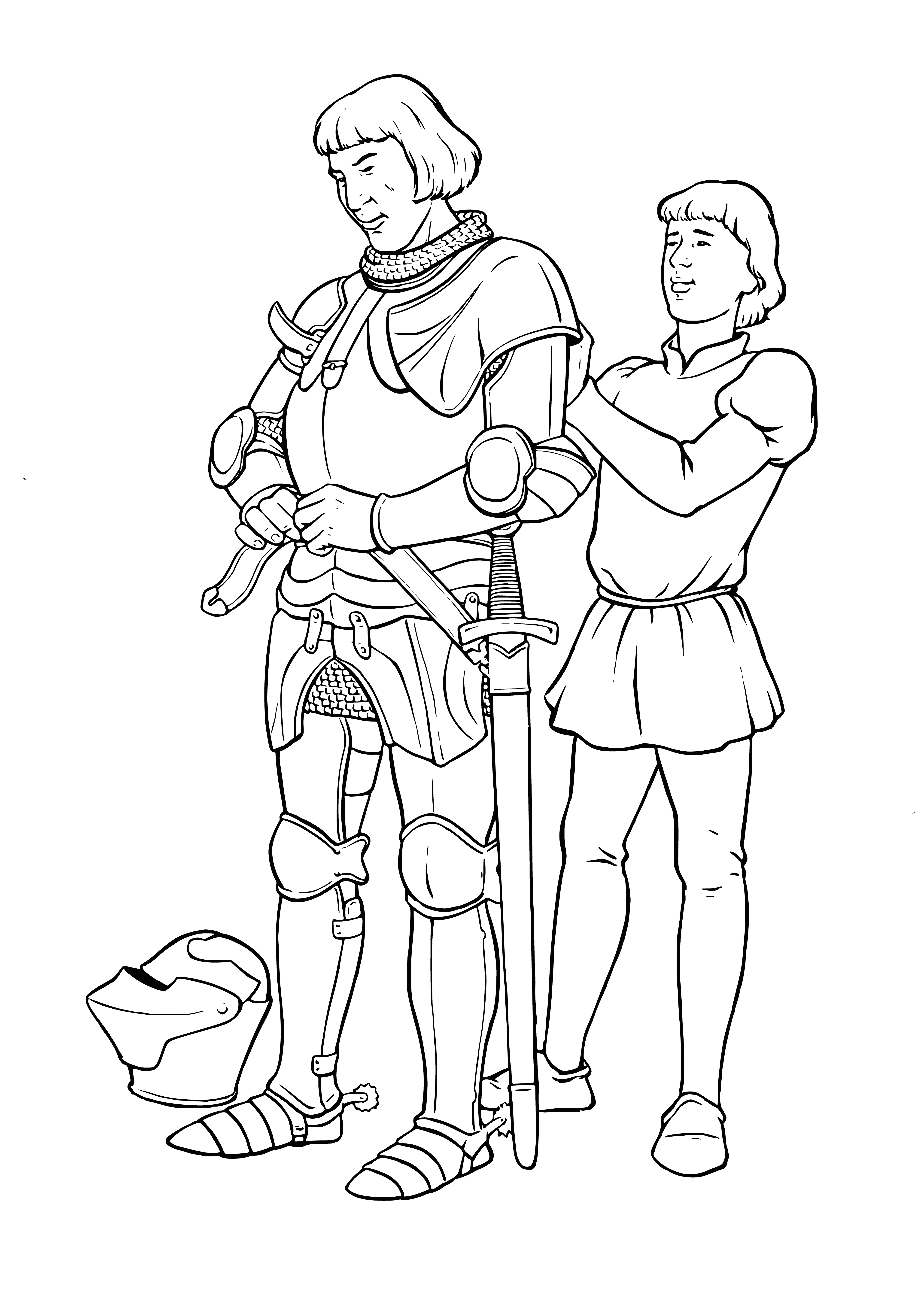 coloring page: Man and boy in armor on horse with swords, shields, and helmets; man has blue cape.