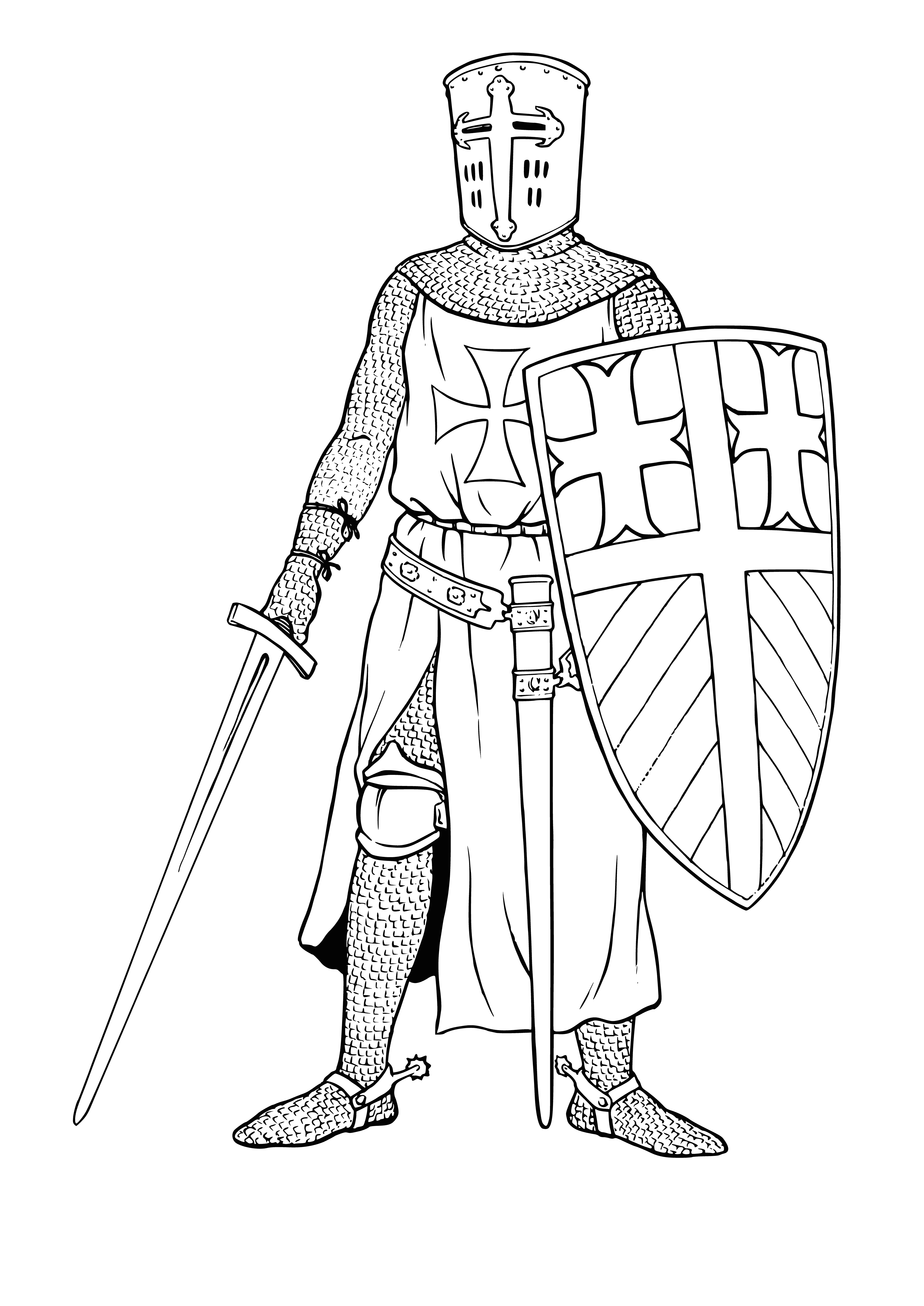 coloring page: Man in armor stands on battlefield hill, holding shield and sword. Determined to fight for his cause.