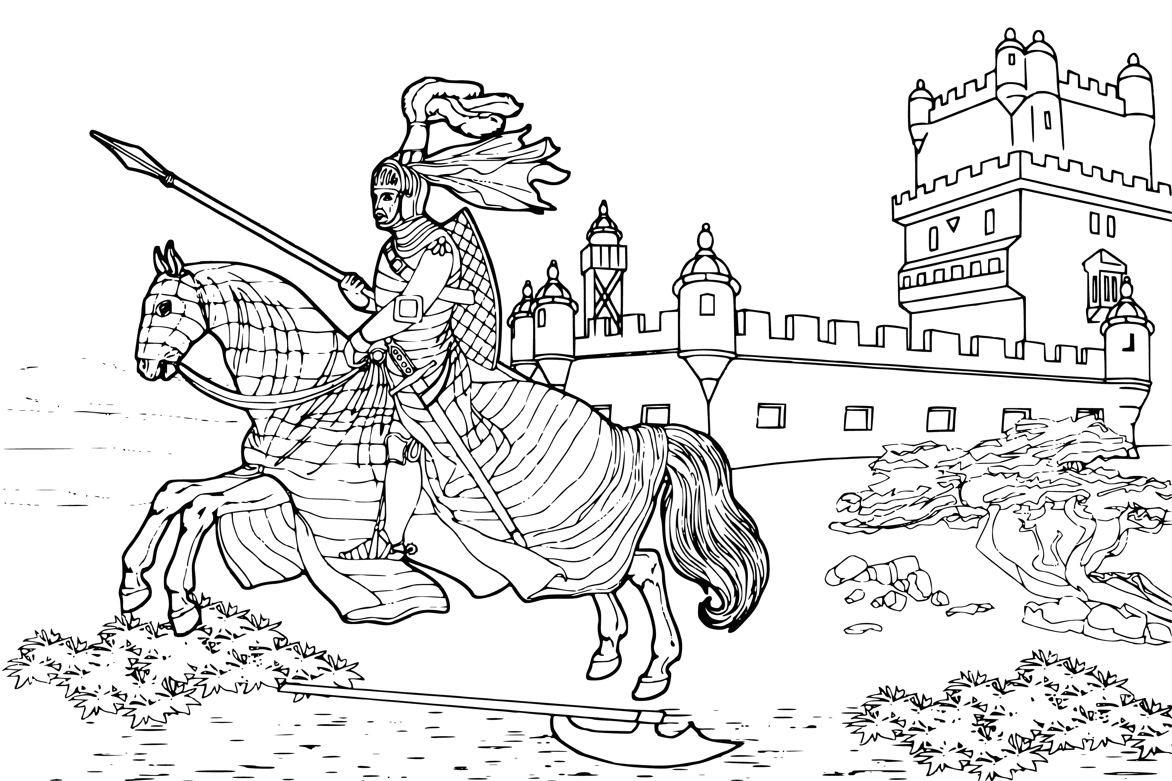 coloring page: Hero on horse, wearing armor, holds sword & shield. Ready to fight for their country, brave and strong. #hero