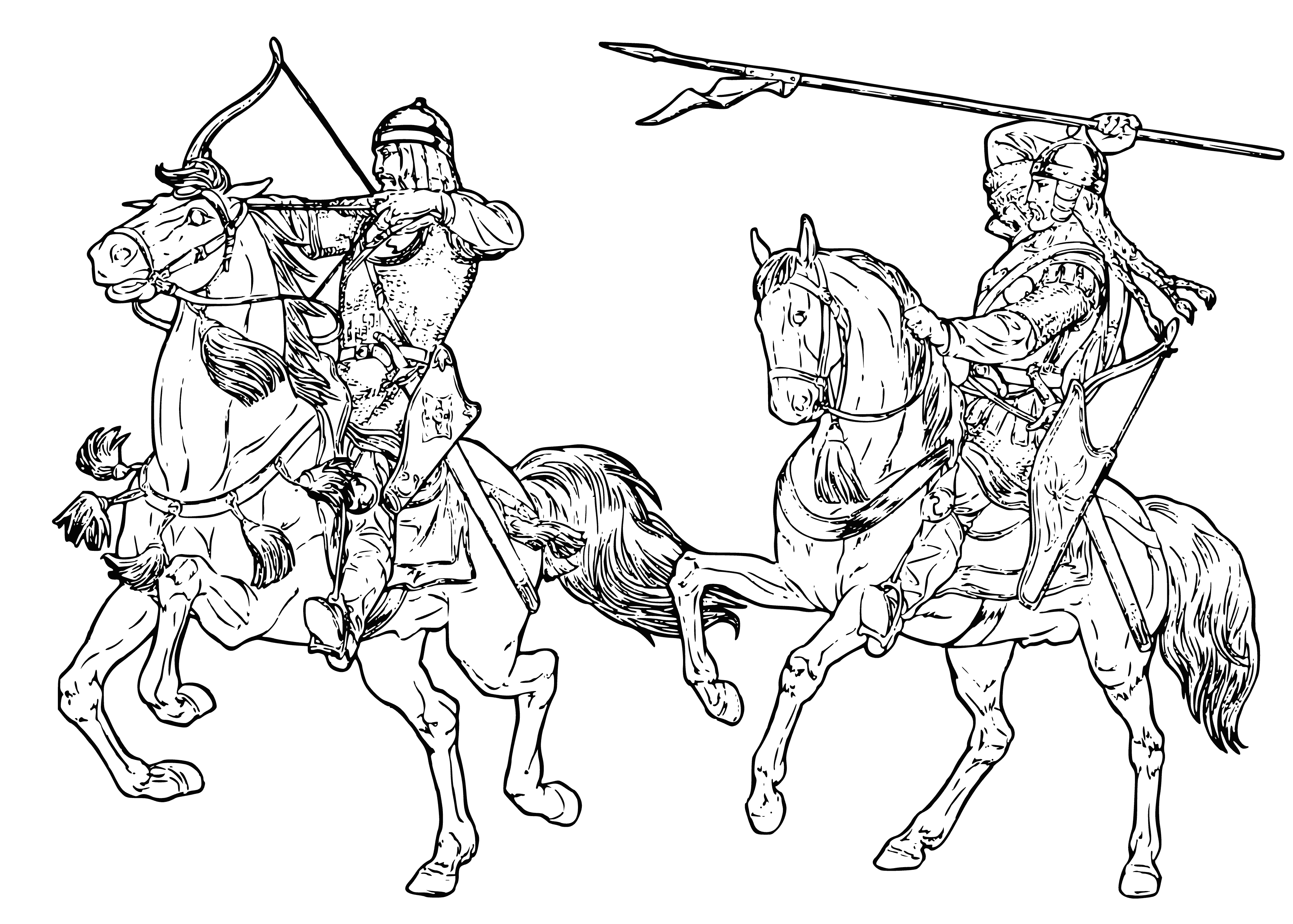 coloring page: Armored warriors on Bays w/ lances & swords ready for battle.