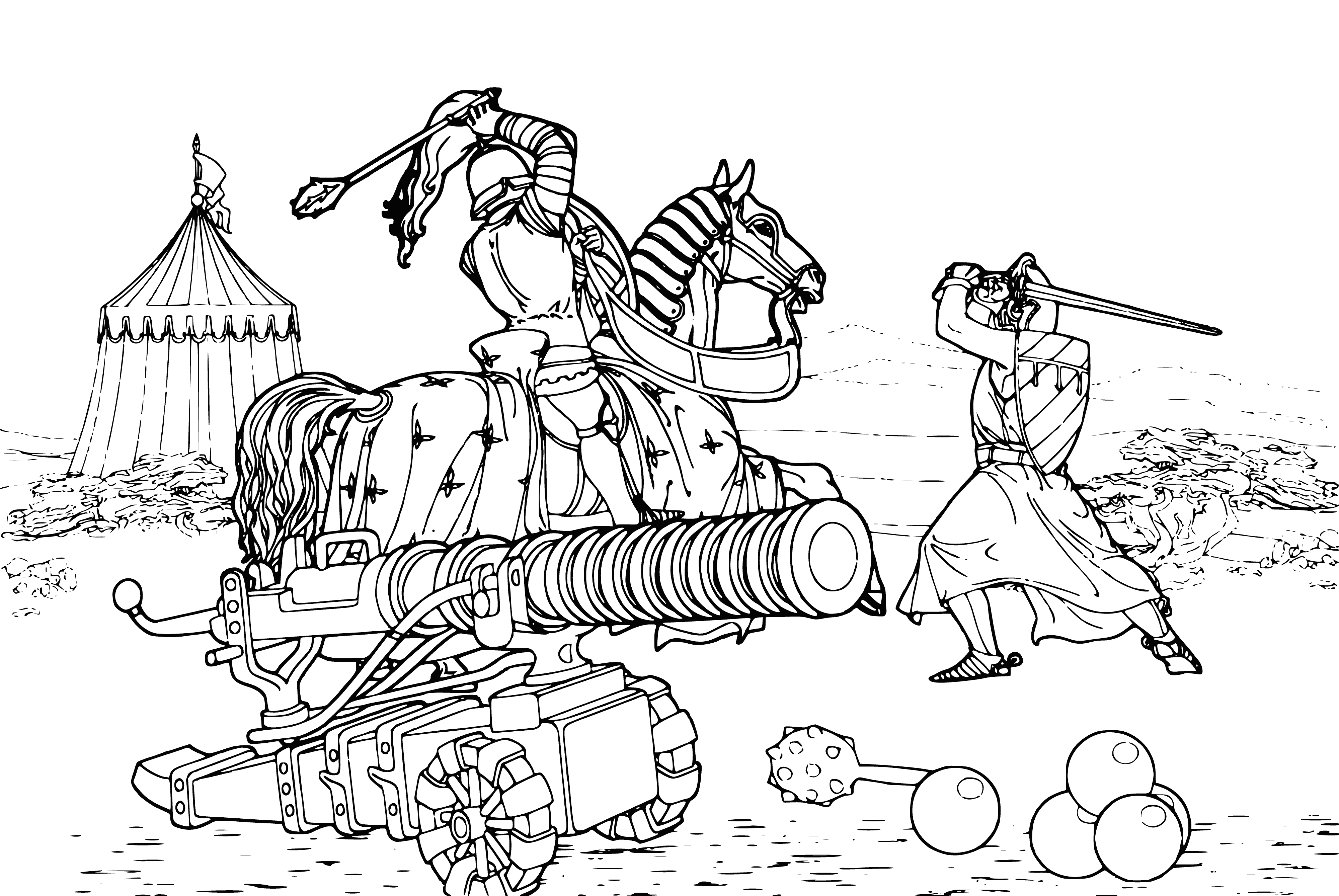 coloring page: Armored warriors prepare for battle in a coloring page full of swords, shields & axes. Some have full body armor, some just helmets & breastplates.
