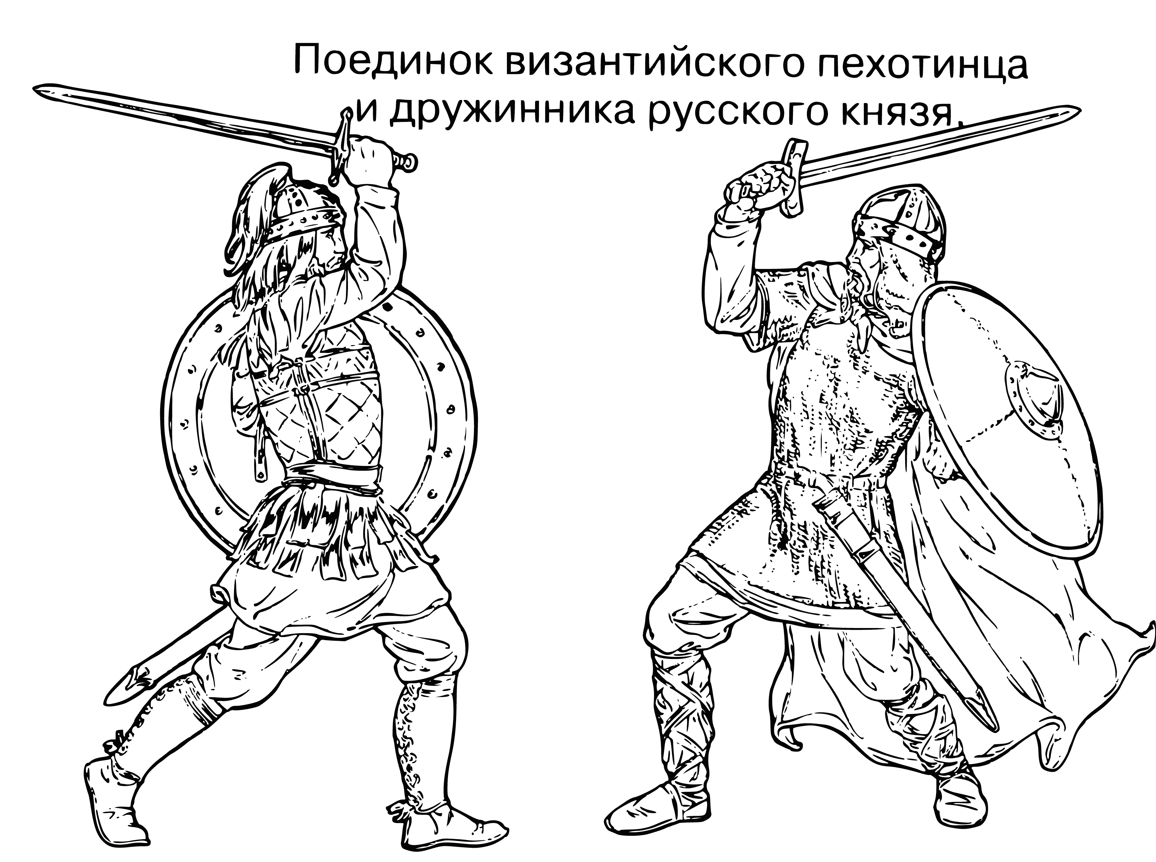 coloring page: Two warriors duel in a dense atmosphere of tension, each wielding swords and shields. One breaks through the other's defense, raising his sword in victory. #battlefield #swordfight #tension